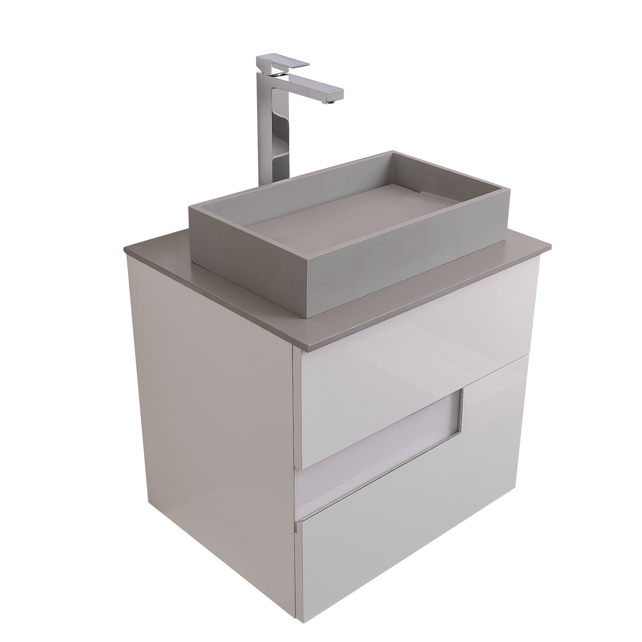 Vision 23.5 White High Gloss Cabinet, Solid Surface Flat Grey Counter And Infinity Square Solid Surface Grey Basin 1329, Wall Mounted Modern Vanity Set