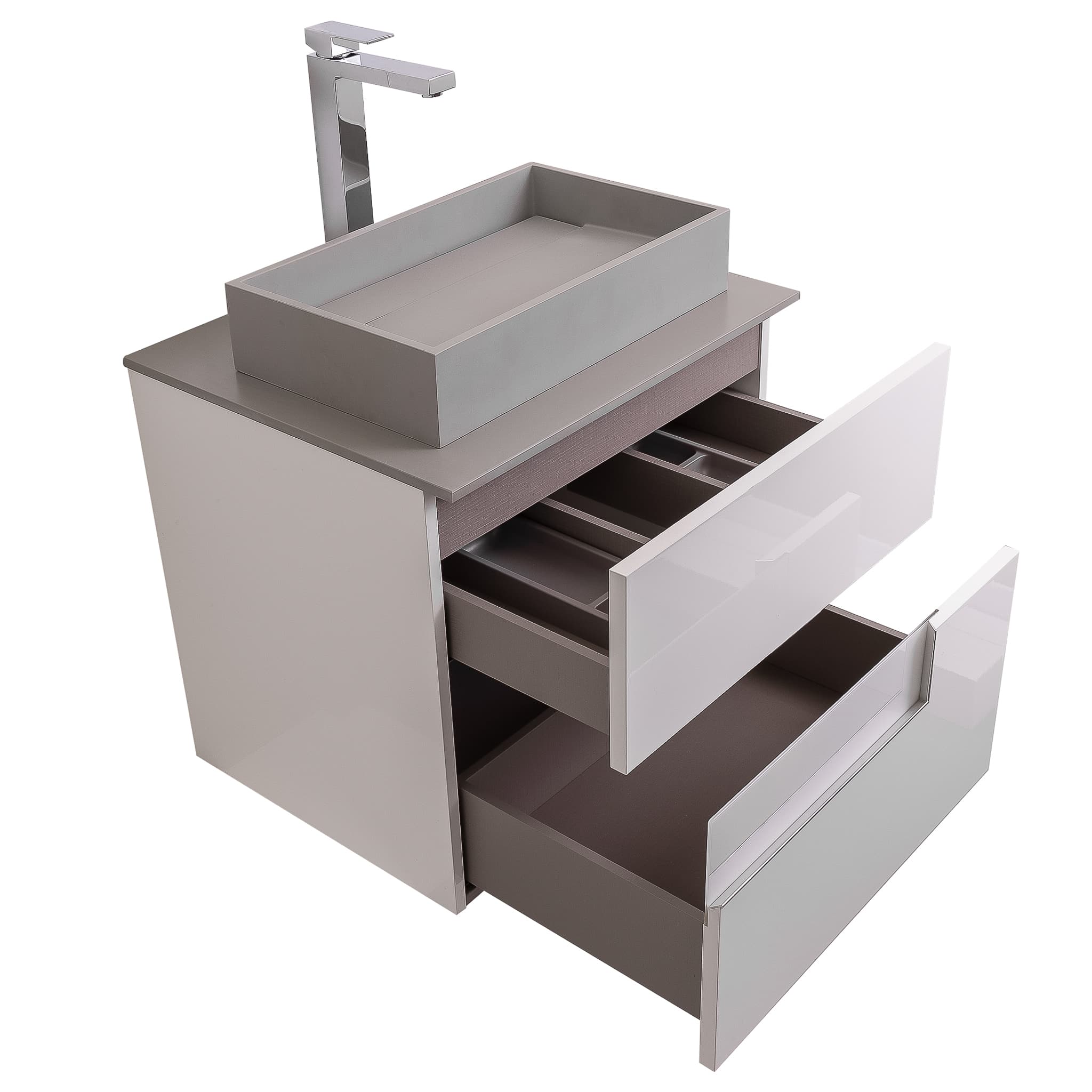 Vision 23.5 White High Gloss Cabinet, Solid Surface Flat Grey Counter And Infinity Square Solid Surface Grey Basin 1329, Wall Mounted Modern Vanity Set