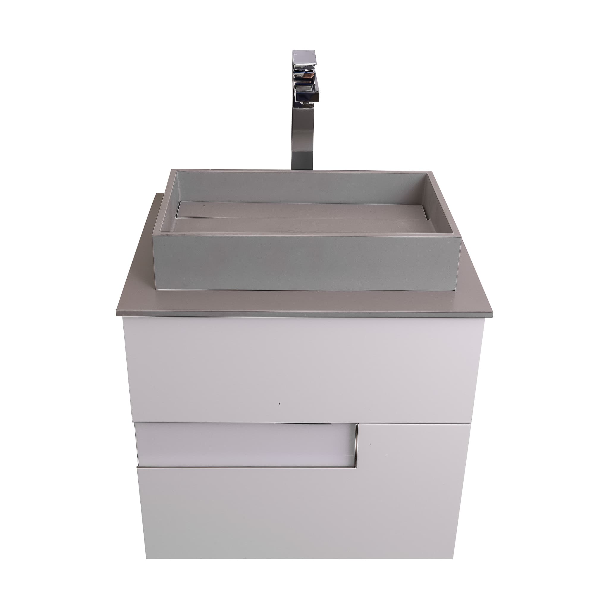 Vision 23.5 White High Gloss Cabinet, Solid Surface Flat Grey Counter And Infinity Square Solid Surface Grey Basin 1329, Wall Mounted Modern Vanity Set