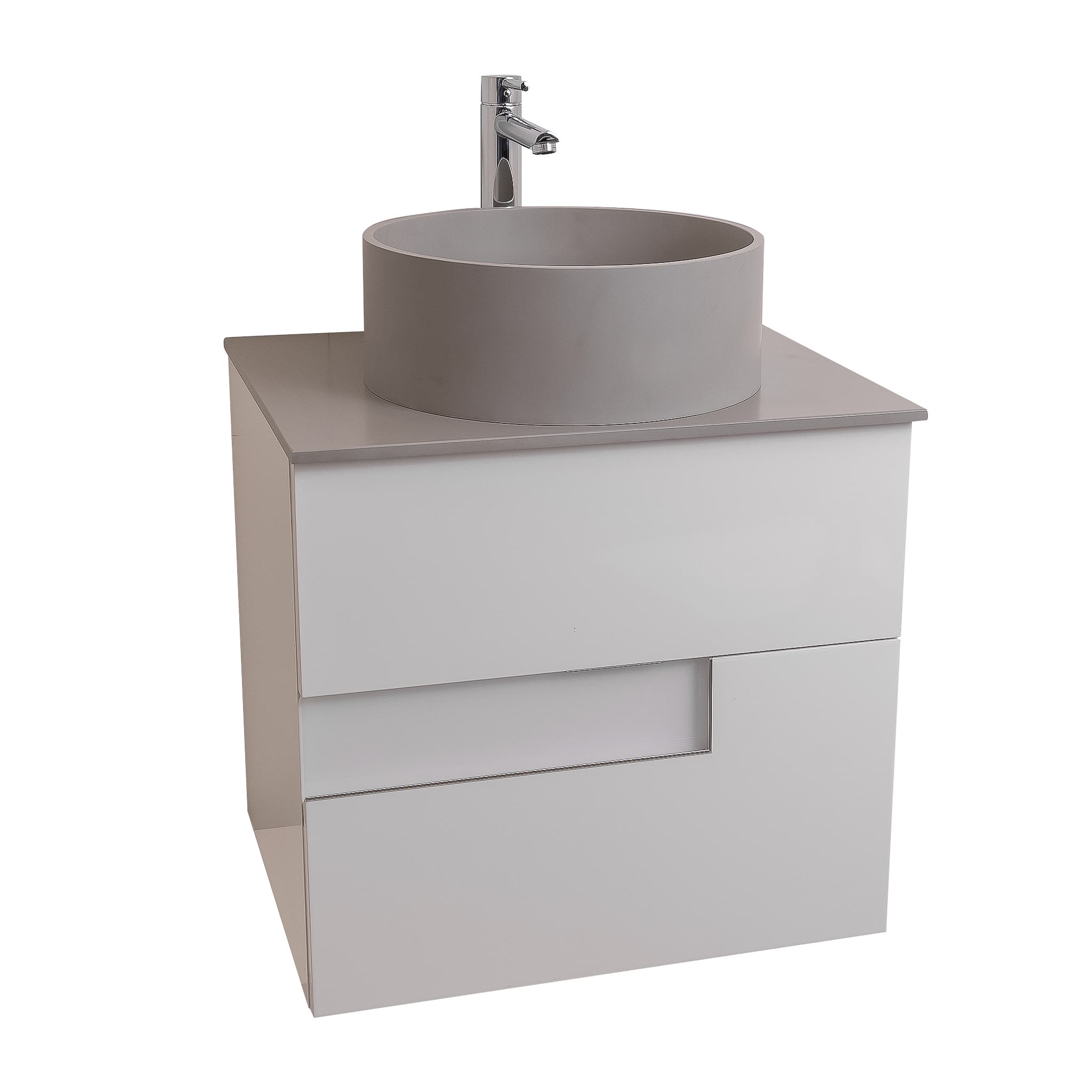 Vision 23.5 White High Gloss Cabinet, Solid Surface Flat Grey Counter And Round Solid Surface Grey Basin 1386, Wall Mounted Modern Vanity Set