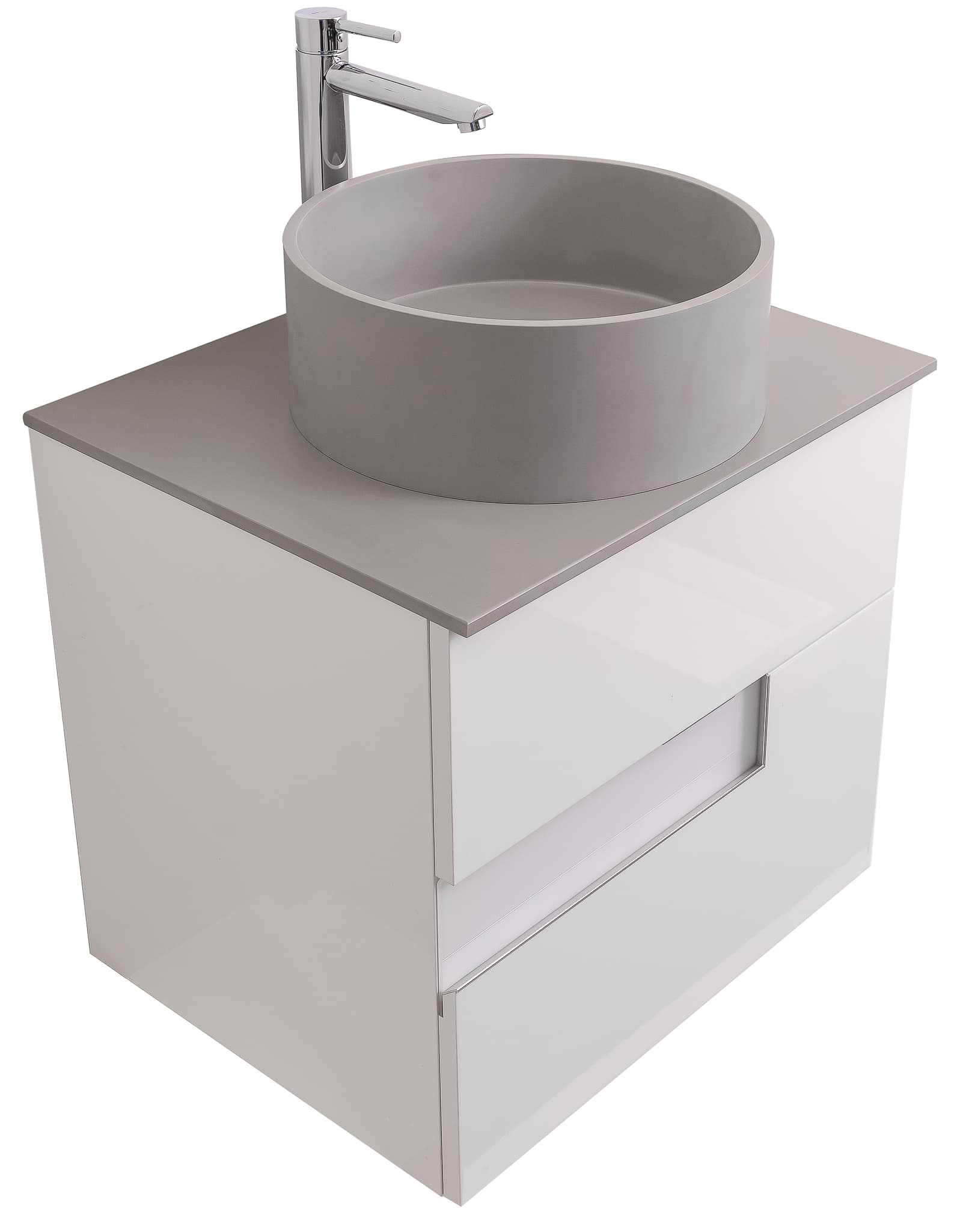 Vision 23.5 White High Gloss Cabinet, Solid Surface Flat Grey Counter And Round Solid Surface Grey Basin 1386, Wall Mounted Modern Vanity Set