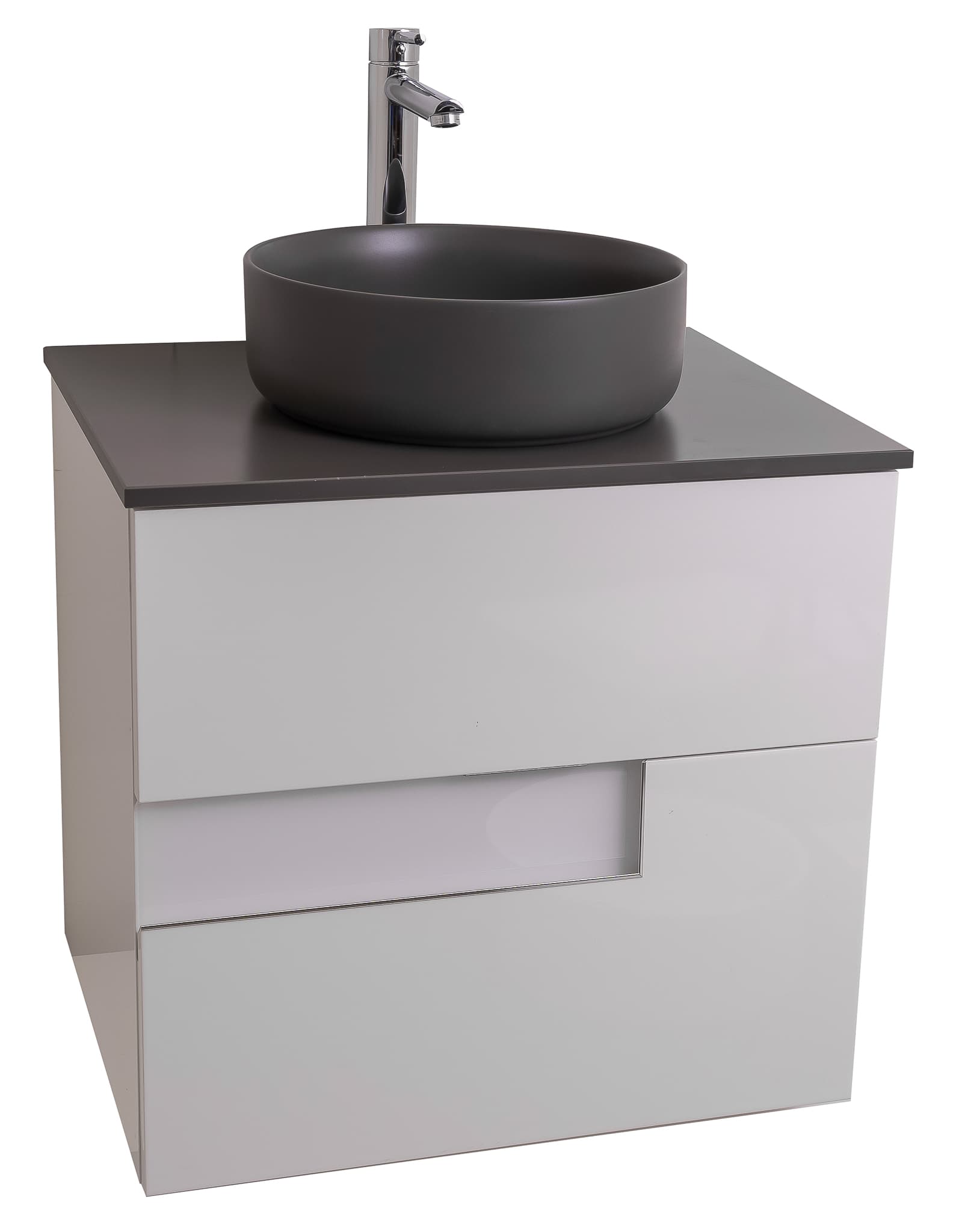 Vision 23.5 White High Gloss Cabinet, Ares Grey Ceniza Top And Ares Grey Ceniza Ceramic Basin, Wall Mounted Modern Vanity Set