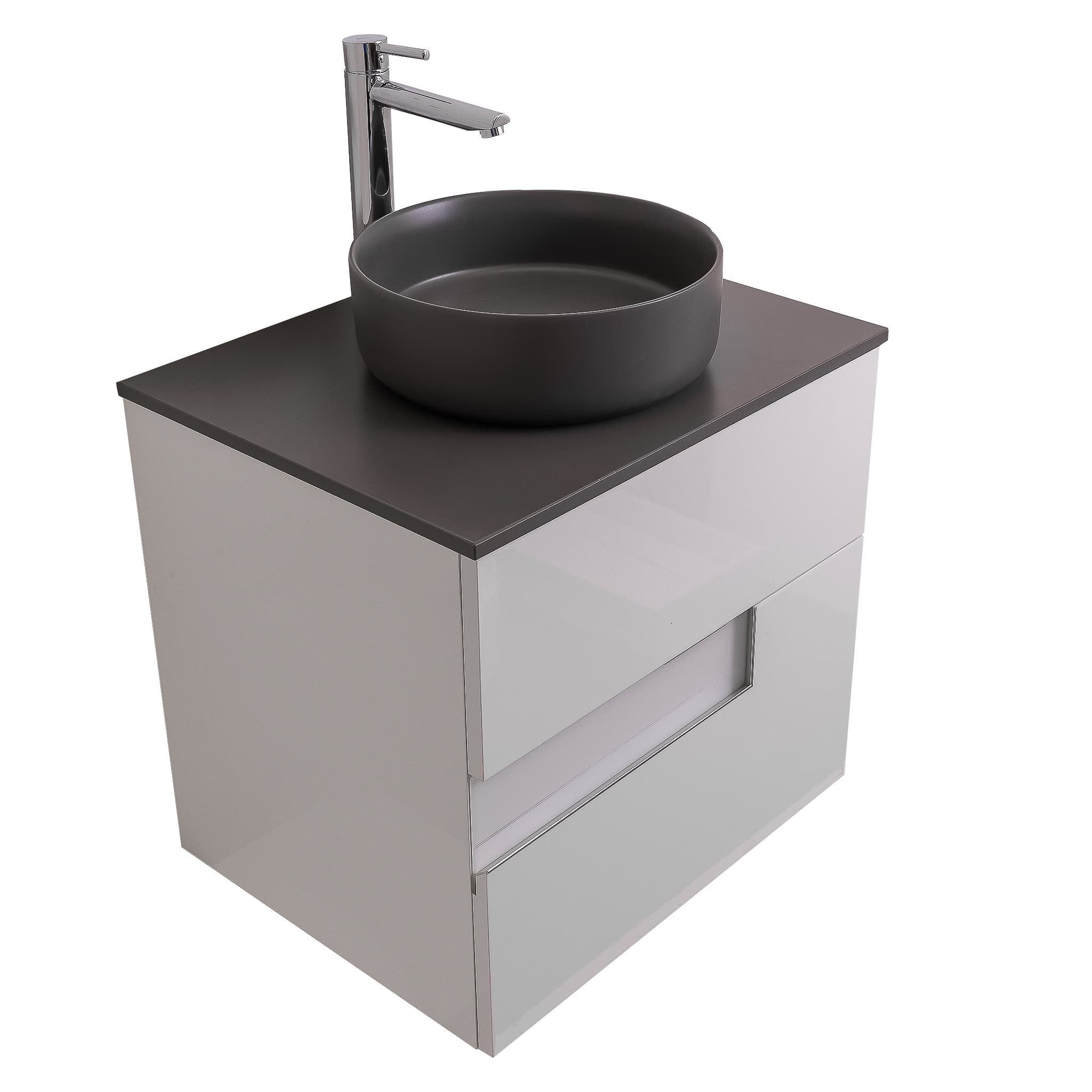 Vision 23.5 White High Gloss Cabinet, Ares Grey Ceniza Top And Ares Grey Ceniza Ceramic Basin, Wall Mounted Modern Vanity Set