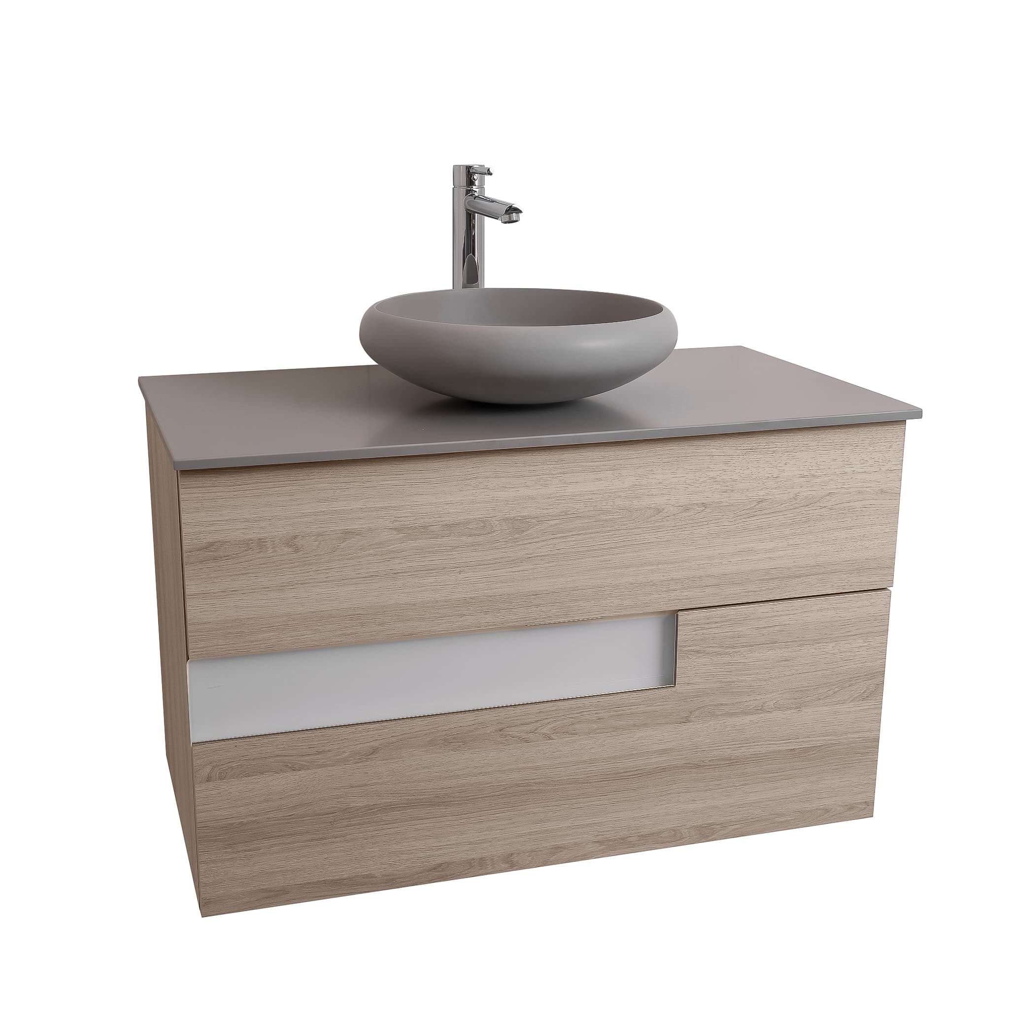 Vision 31.5 Natural Light Wood Cabinet, Solid Surface Flat Grey Counter And Round Solid Surface Grey Basin 1153, Wall Mounted Modern Vanity Set