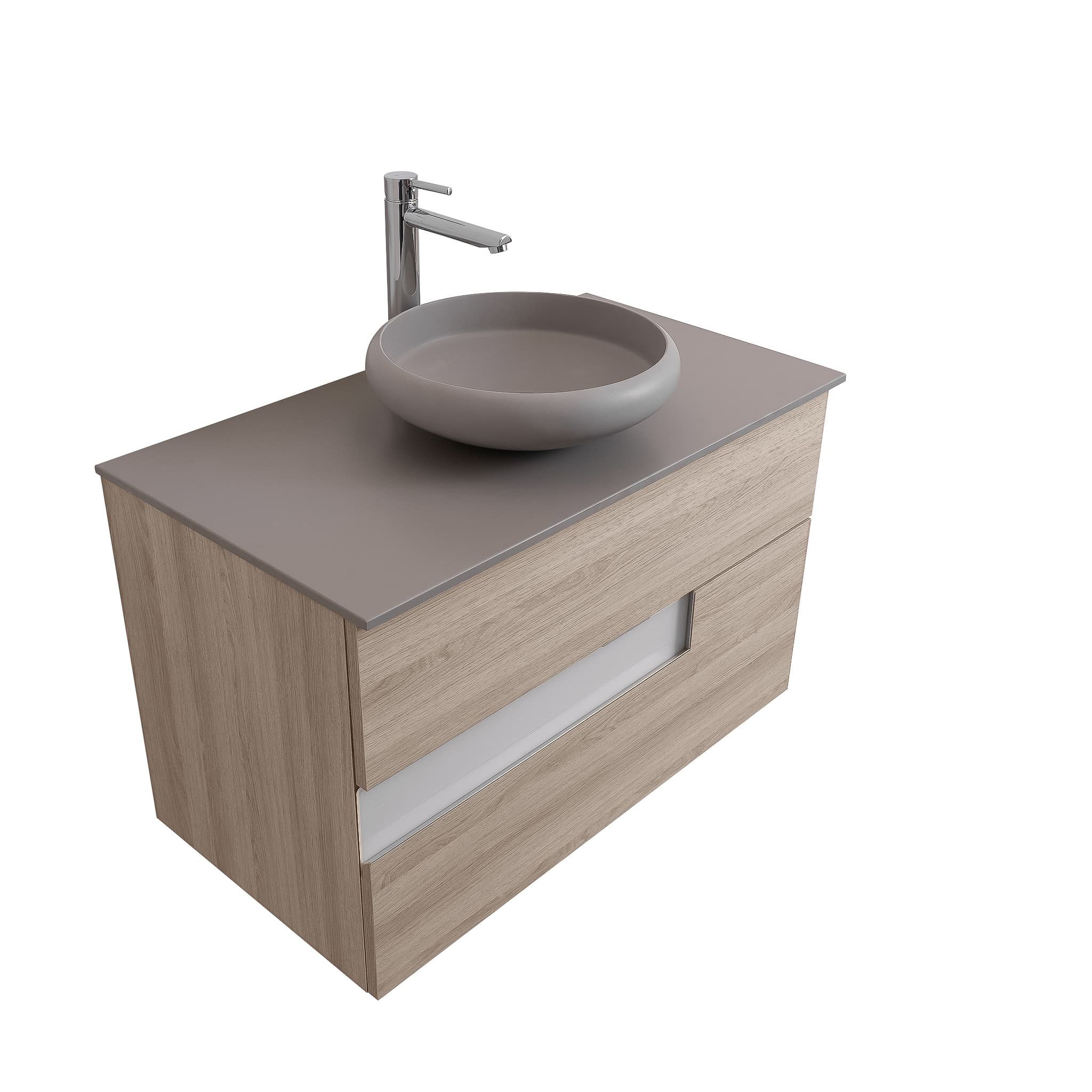 Vision 31.5 Natural Light Wood Cabinet, Solid Surface Flat Grey Counter And Round Solid Surface Grey Basin 1153, Wall Mounted Modern Vanity Set