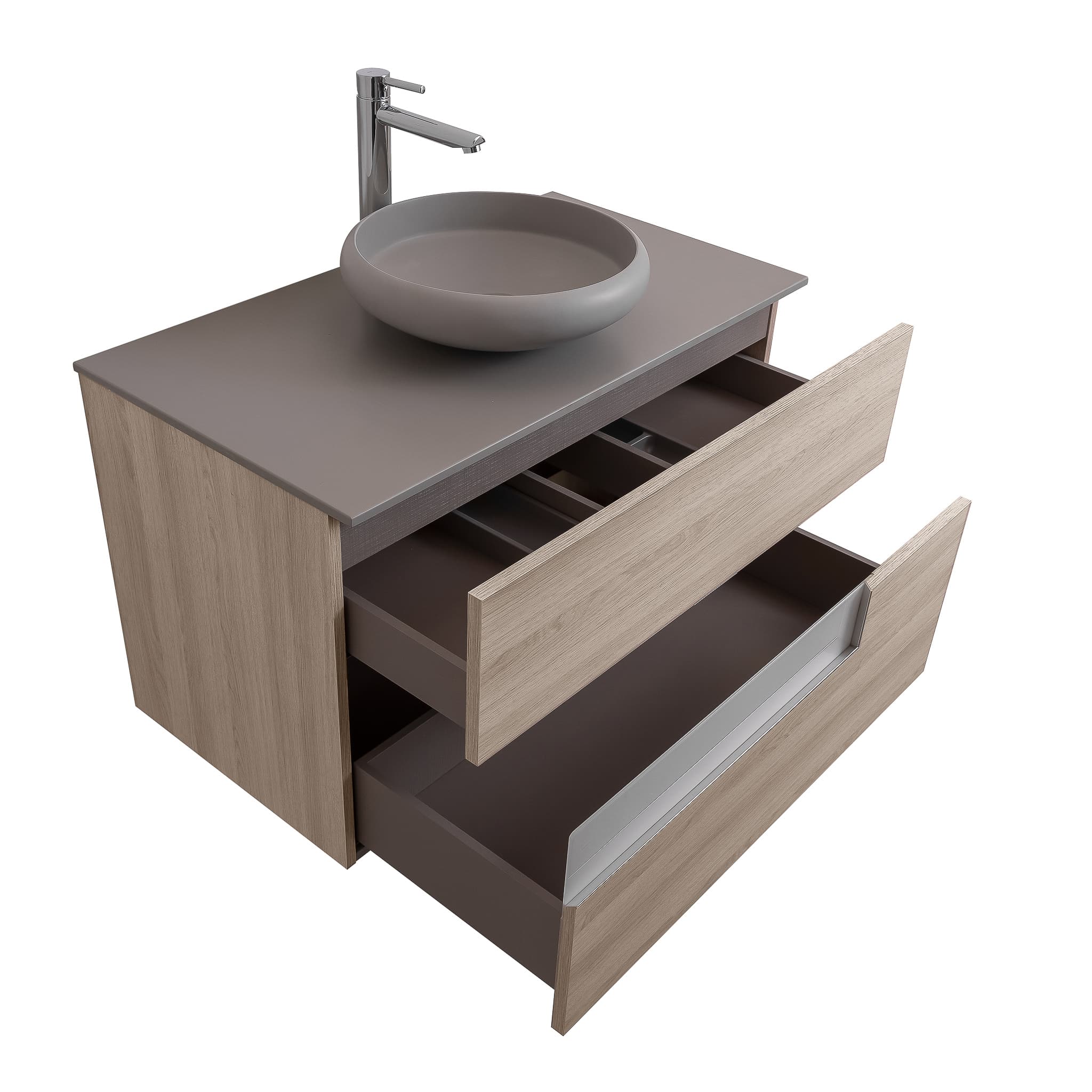 Vision 31.5 Natural Light Wood Cabinet, Solid Surface Flat Grey Counter And Round Solid Surface Grey Basin 1153, Wall Mounted Modern Vanity Set