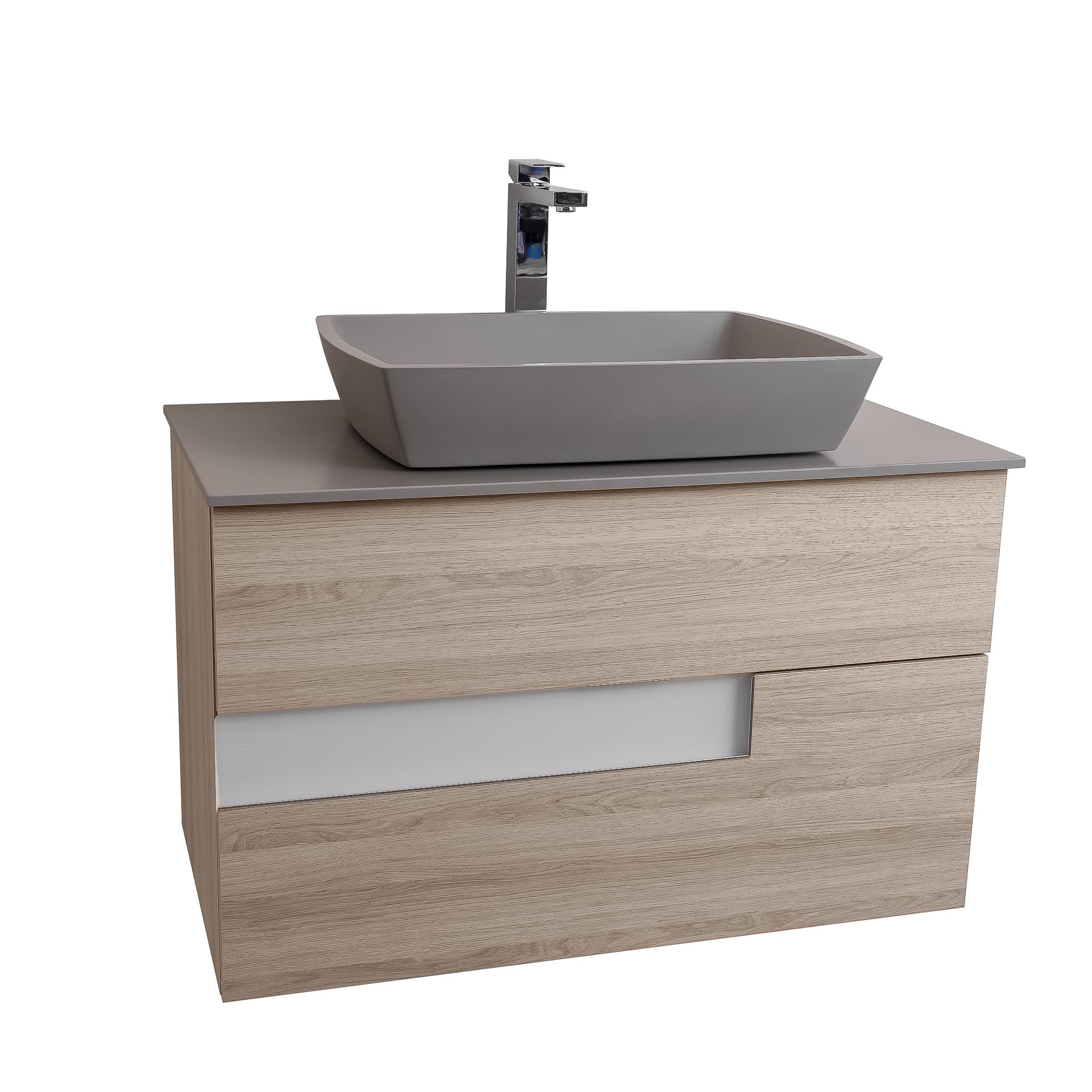 Vision 31.5 Natural Light Wood Cabinet, Solid Surface Flat Grey Counter And Square Solid Surface Grey Basin 1316, Wall Mounted Modern Vanity Set