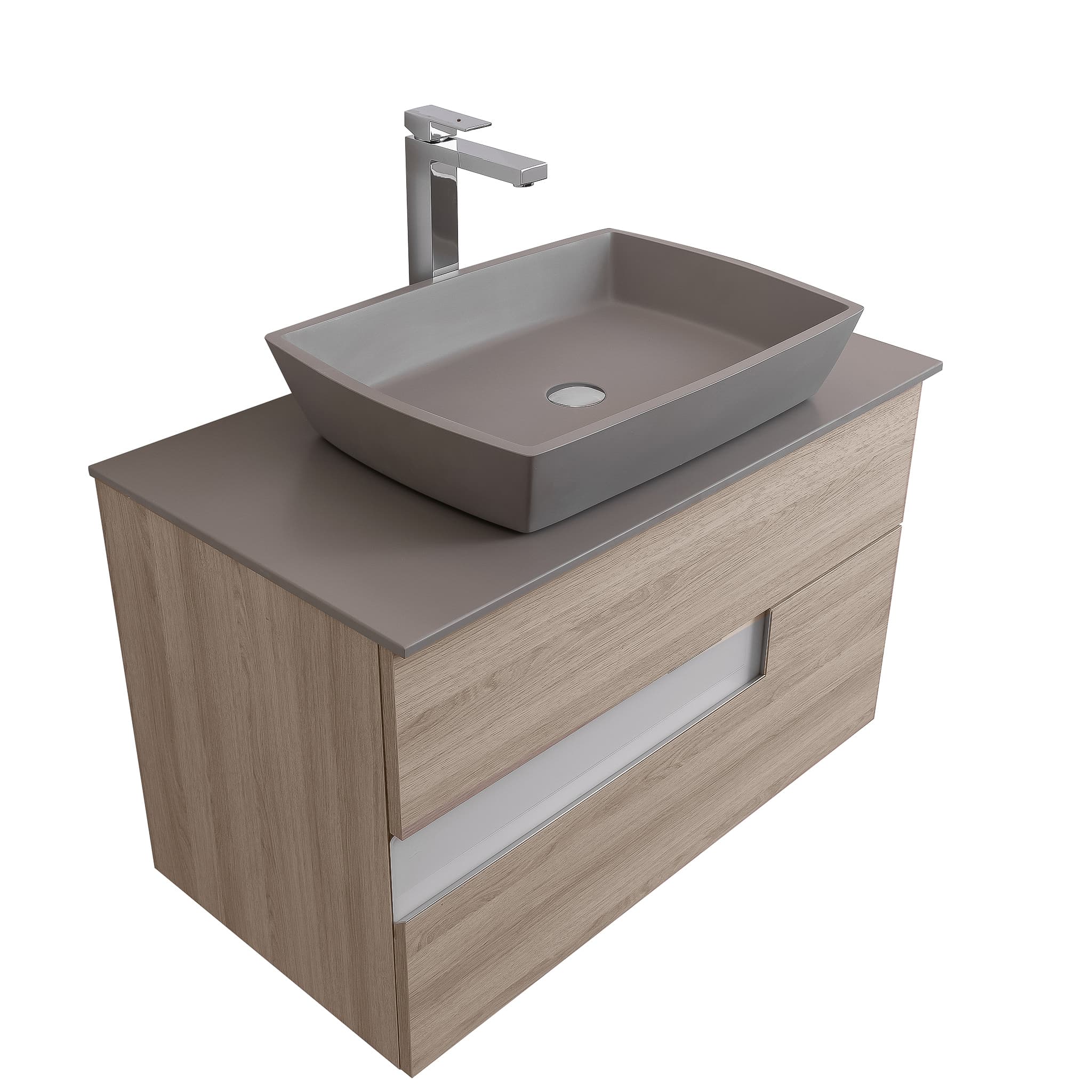 Vision 31.5 Natural Light Wood Cabinet, Solid Surface Flat Grey Counter And Square Solid Surface Grey Basin 1316, Wall Mounted Modern Vanity Set