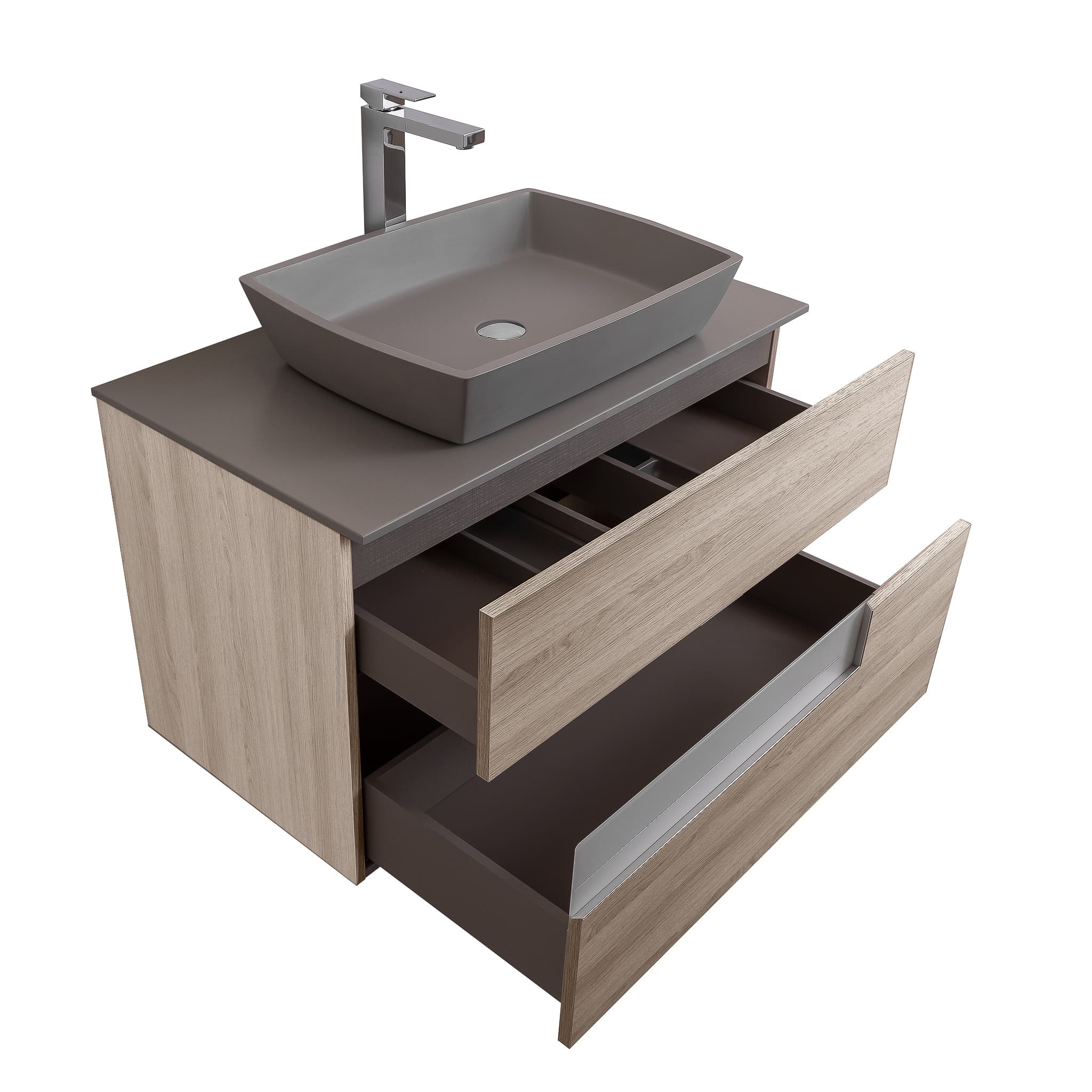 Vision 31.5 Natural Light Wood Cabinet, Solid Surface Flat Grey Counter And Square Solid Surface Grey Basin 1316, Wall Mounted Modern Vanity Set