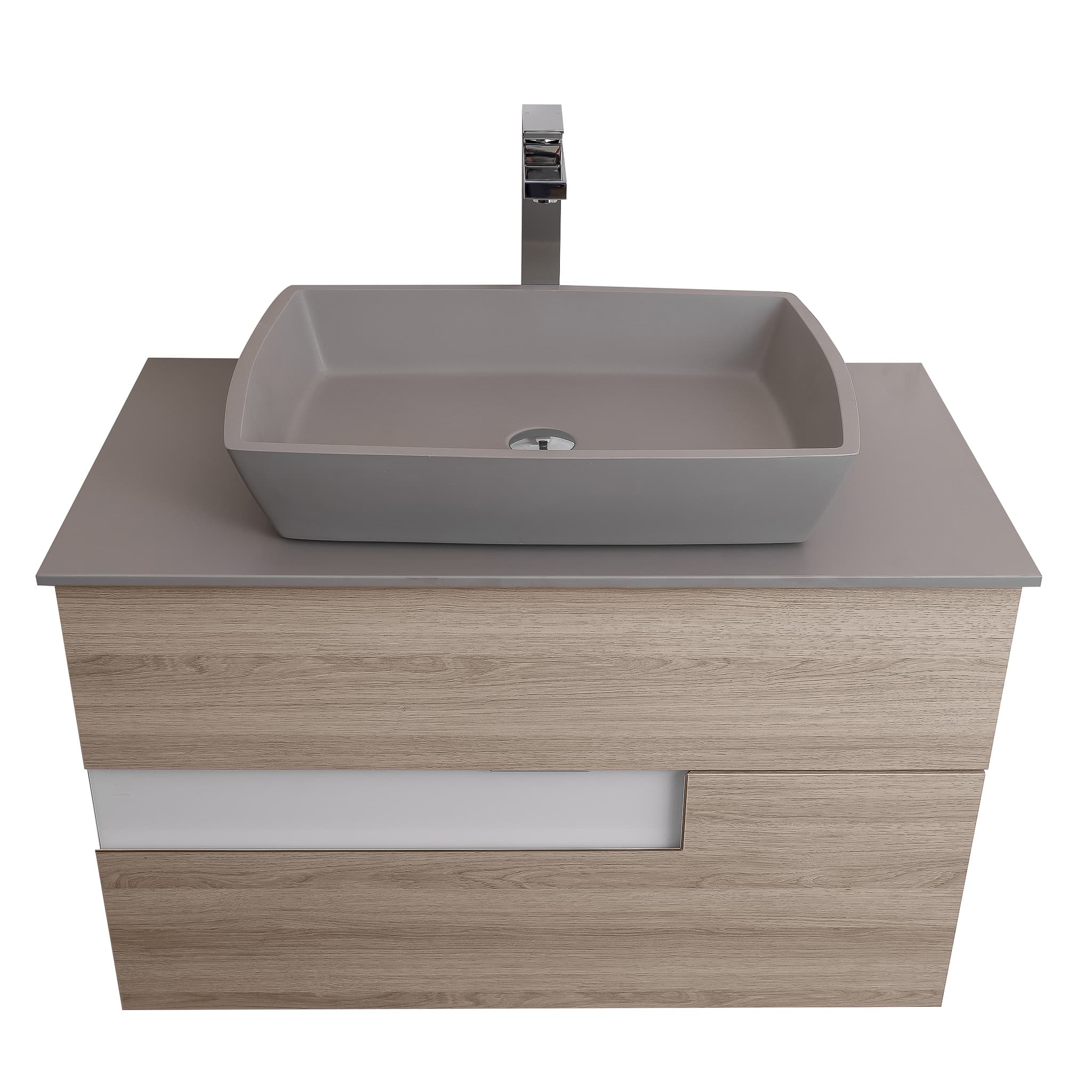 Vision 31.5 Natural Light Wood Cabinet, Solid Surface Flat Grey Counter And Square Solid Surface Grey Basin 1316, Wall Mounted Modern Vanity Set