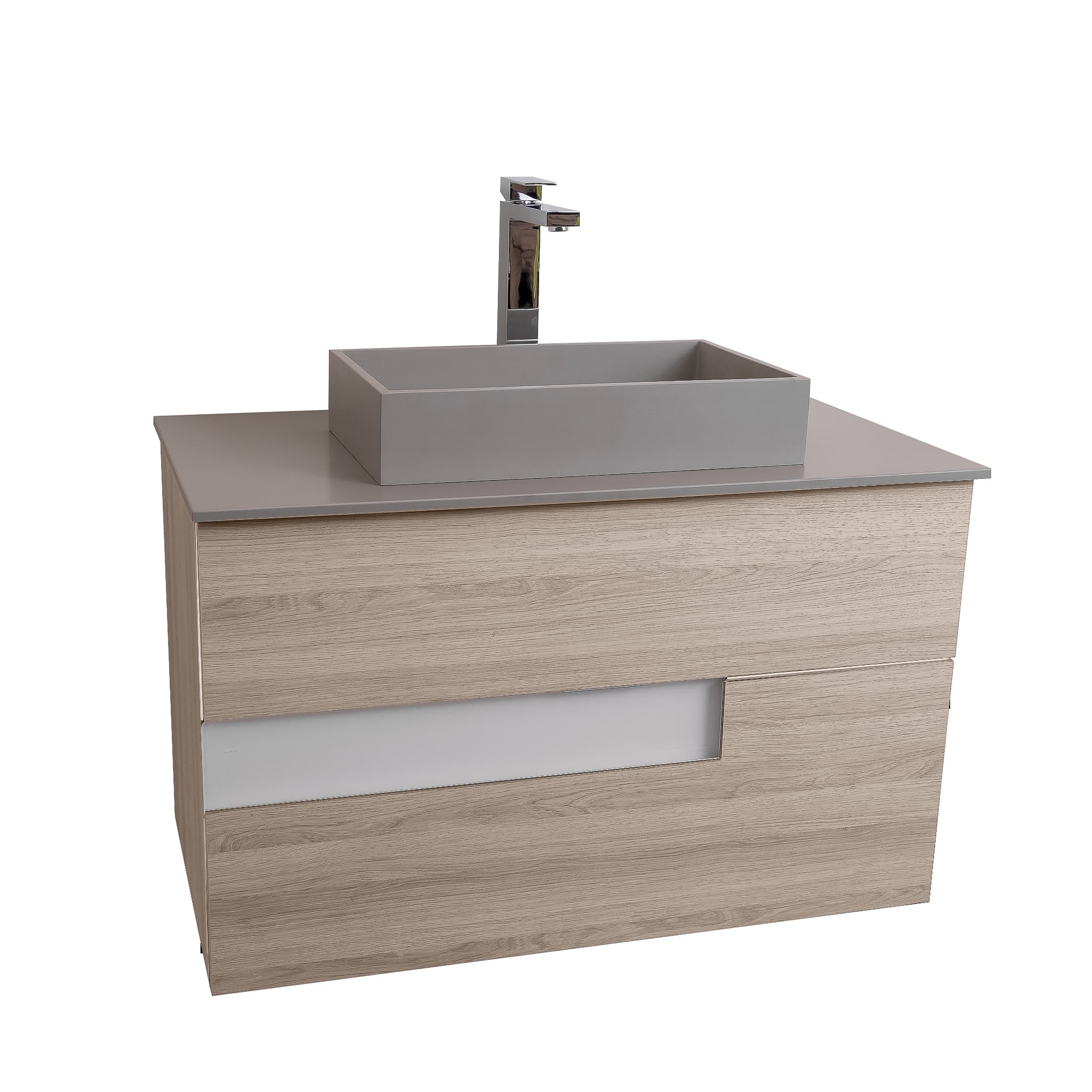 Vision 31.5 Natural Light Wood Cabinet, Solid Surface Flat Grey Counter And Infinity Square Solid Surface Grey Basin 1329, Wall Mounted Modern Vanity Set