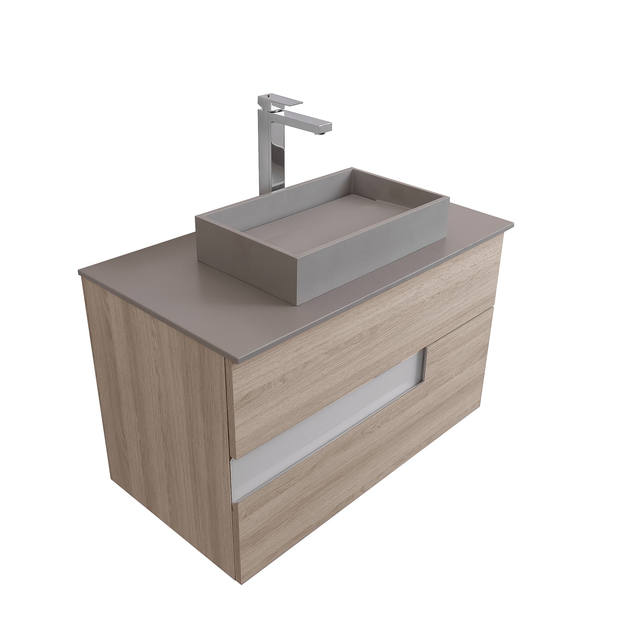 Vision 31.5 Natural Light Wood Cabinet, Solid Surface Flat Grey Counter And Infinity Square Solid Surface Grey Basin 1329, Wall Mounted Modern Vanity Set