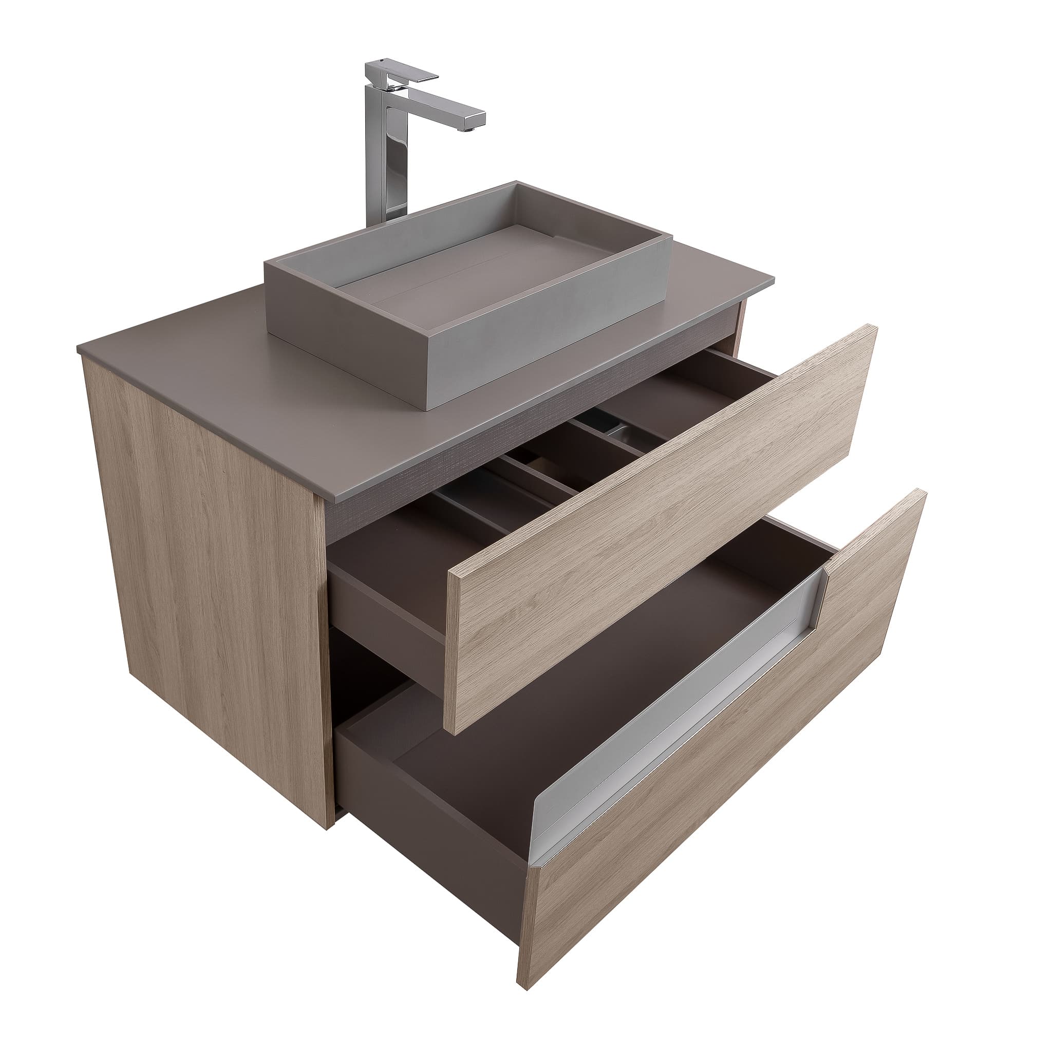 Vision 31.5 Natural Light Wood Cabinet, Solid Surface Flat Grey Counter And Infinity Square Solid Surface Grey Basin 1329, Wall Mounted Modern Vanity Set