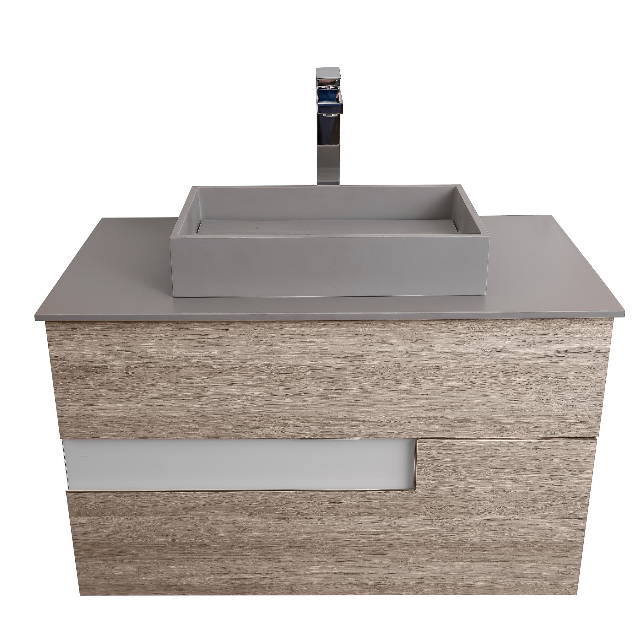 Vision 31.5 Natural Light Wood Cabinet, Solid Surface Flat Grey Counter And Infinity Square Solid Surface Grey Basin 1329, Wall Mounted Modern Vanity Set