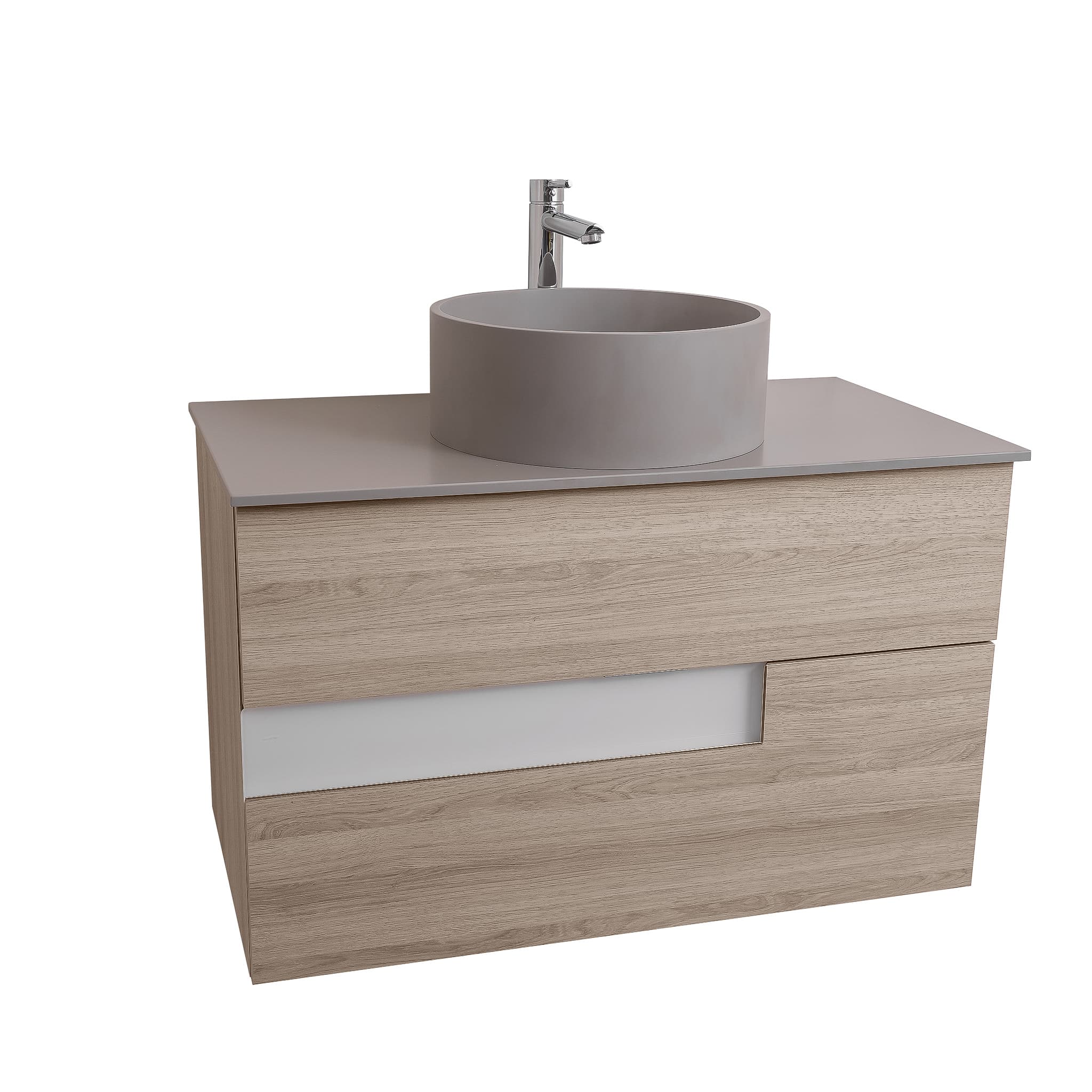 Vision 31.5 Natural Light Wood Cabinet, Solid Surface Flat Grey Counter And Round Solid Surface Grey Basin 1386, Wall Mounted Modern Vanity Set