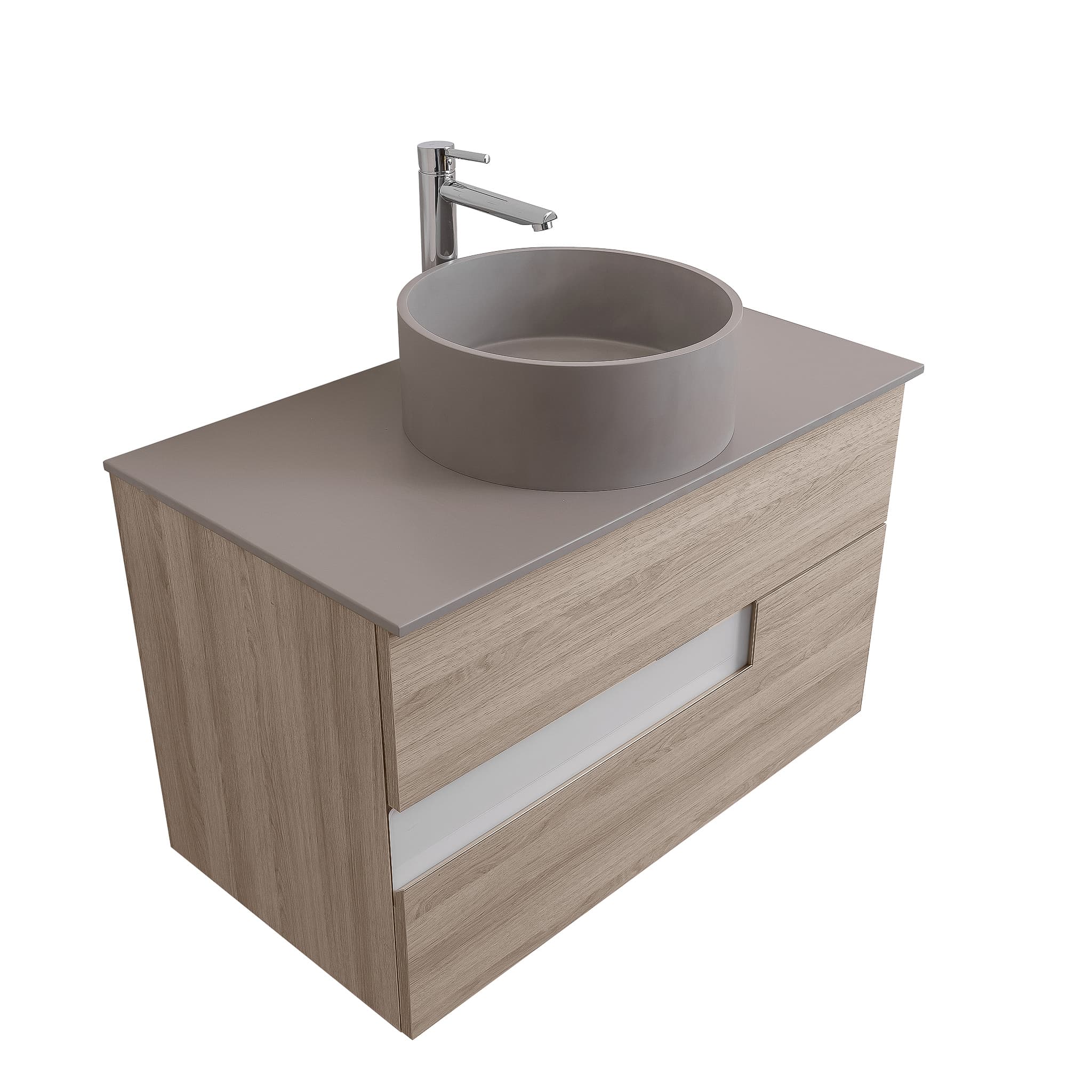 Vision 31.5 Natural Light Wood Cabinet, Solid Surface Flat Grey Counter And Round Solid Surface Grey Basin 1386, Wall Mounted Modern Vanity Set