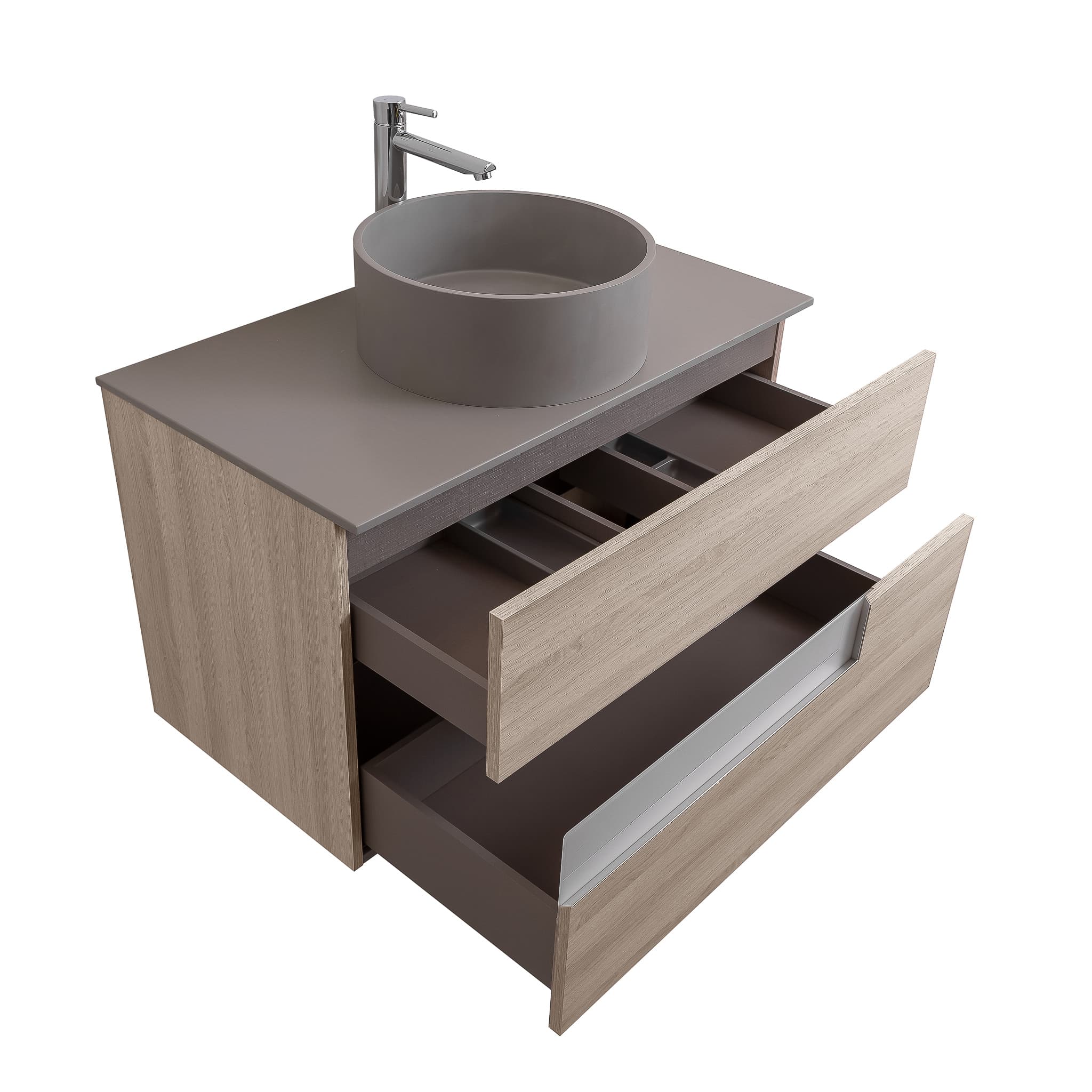 Vision 31.5 Natural Light Wood Cabinet, Solid Surface Flat Grey Counter And Round Solid Surface Grey Basin 1386, Wall Mounted Modern Vanity Set