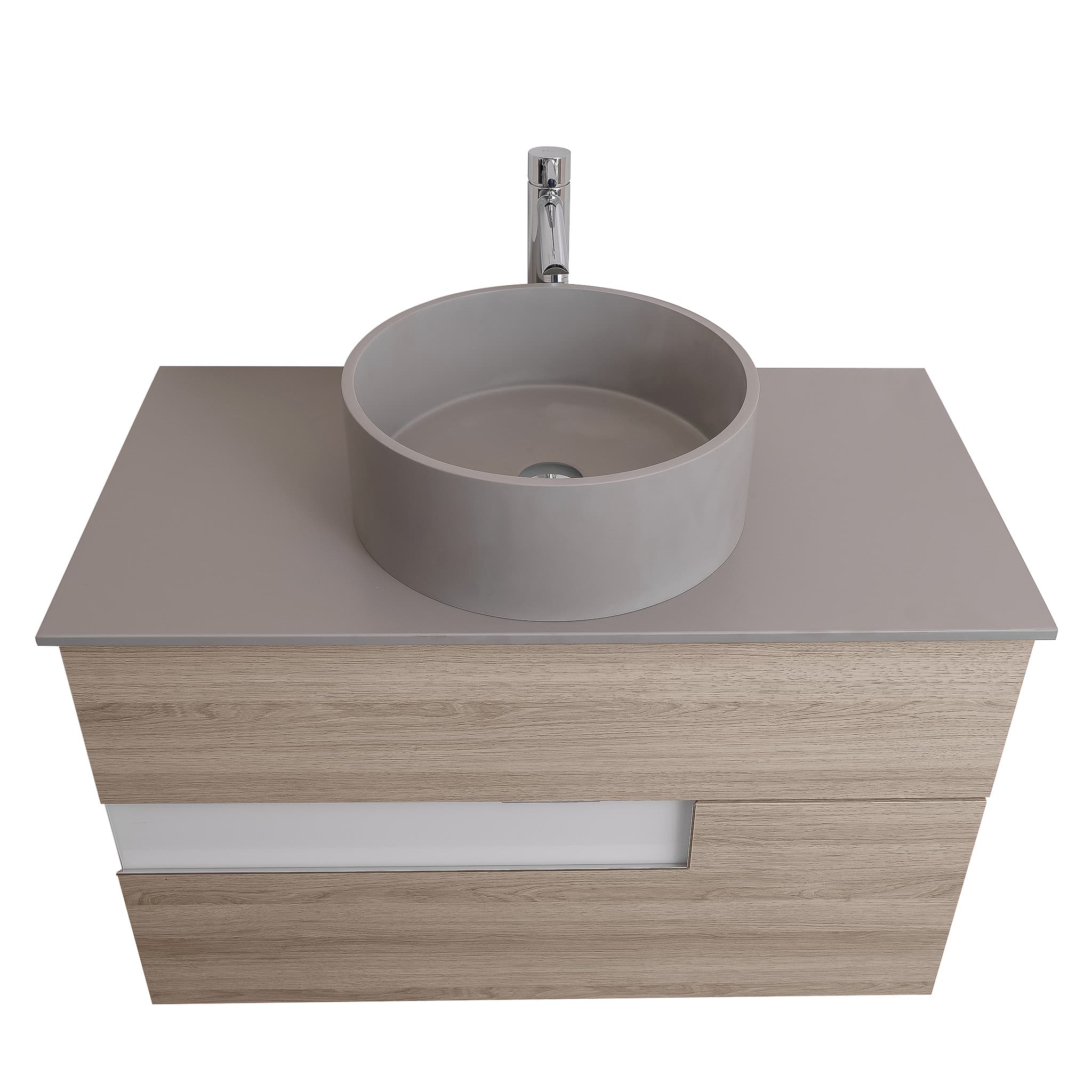 Vision 31.5 Natural Light Wood Cabinet, Solid Surface Flat Grey Counter And Round Solid Surface Grey Basin 1386, Wall Mounted Modern Vanity Set