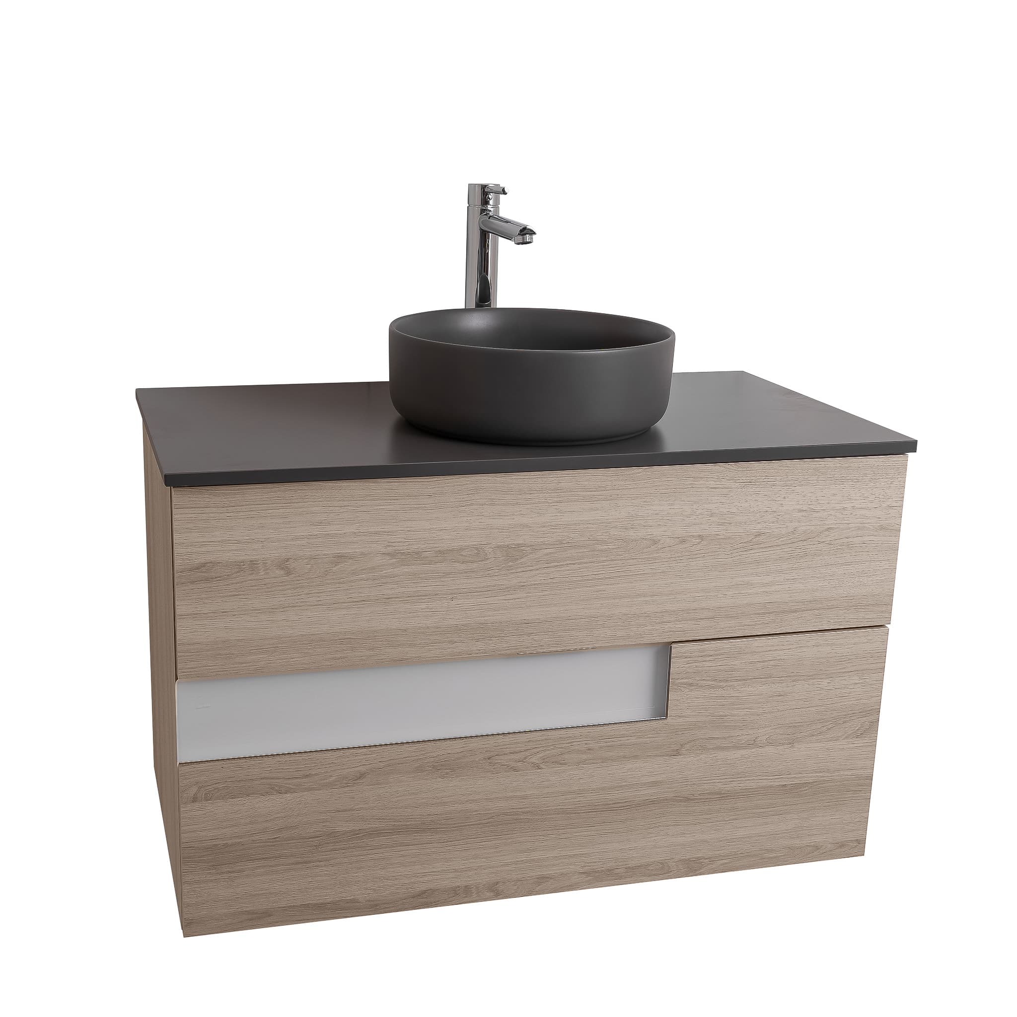 Vision 31.5 Natural Light Wood Cabinet, Ares Grey Ceniza Top And Ares Grey Ceniza Ceramic Basin, Wall Mounted Modern Vanity Set