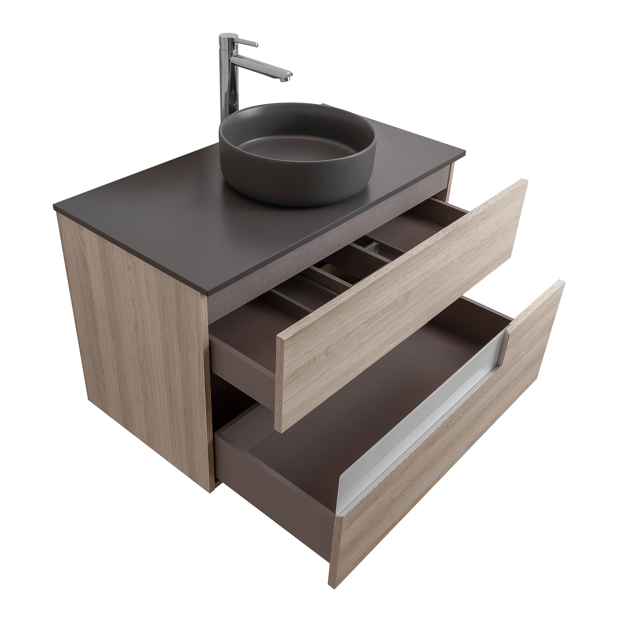 Vision 31.5 Natural Light Wood Cabinet, Ares Grey Ceniza Top And Ares Grey Ceniza Ceramic Basin, Wall Mounted Modern Vanity Set