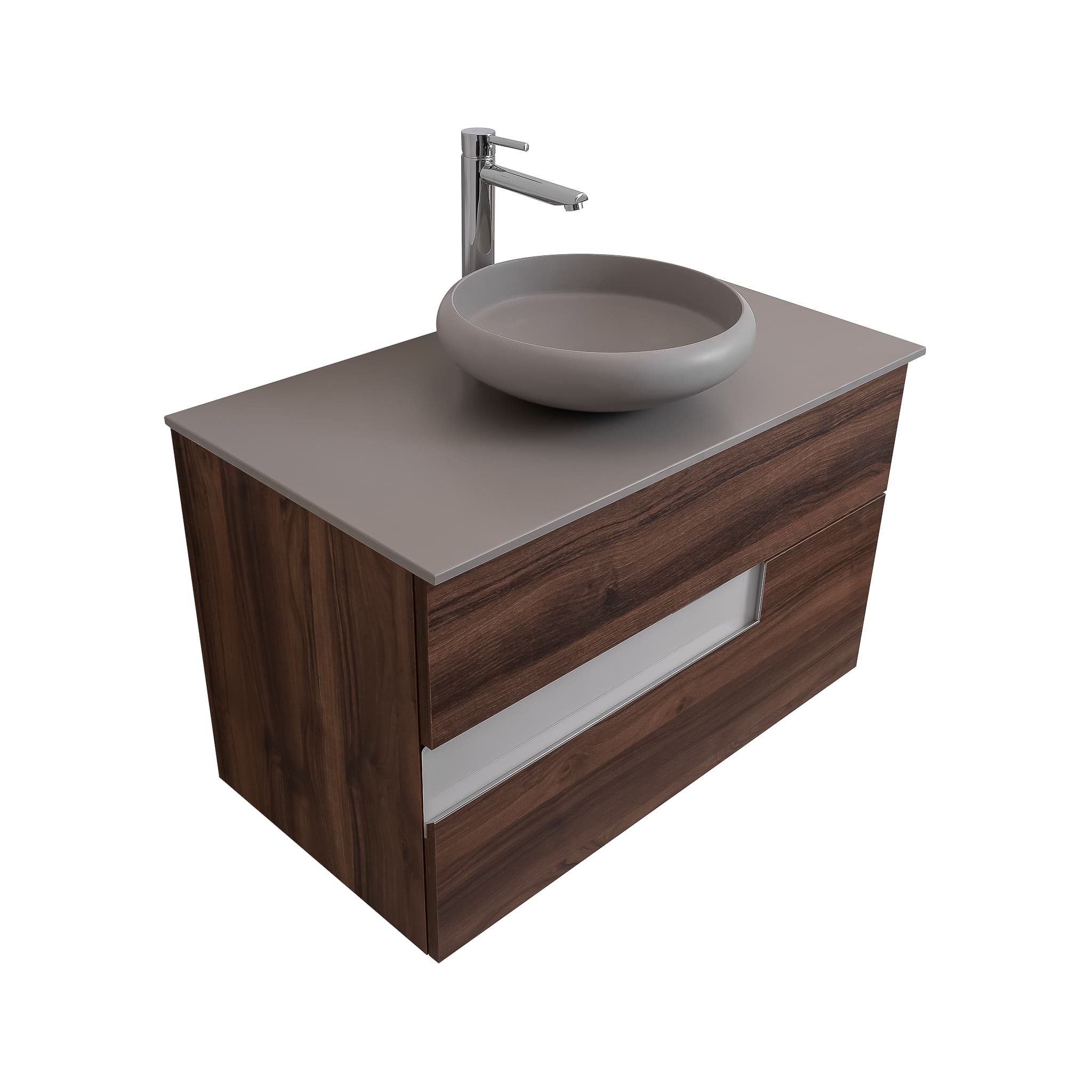 Vision 31.5 Valenti Medium Brown Wood Cabinet, Solid Surface Flat Grey Counter And Round Solid Surface Grey Basin 1153, Wall Mounted Modern Vanity Set