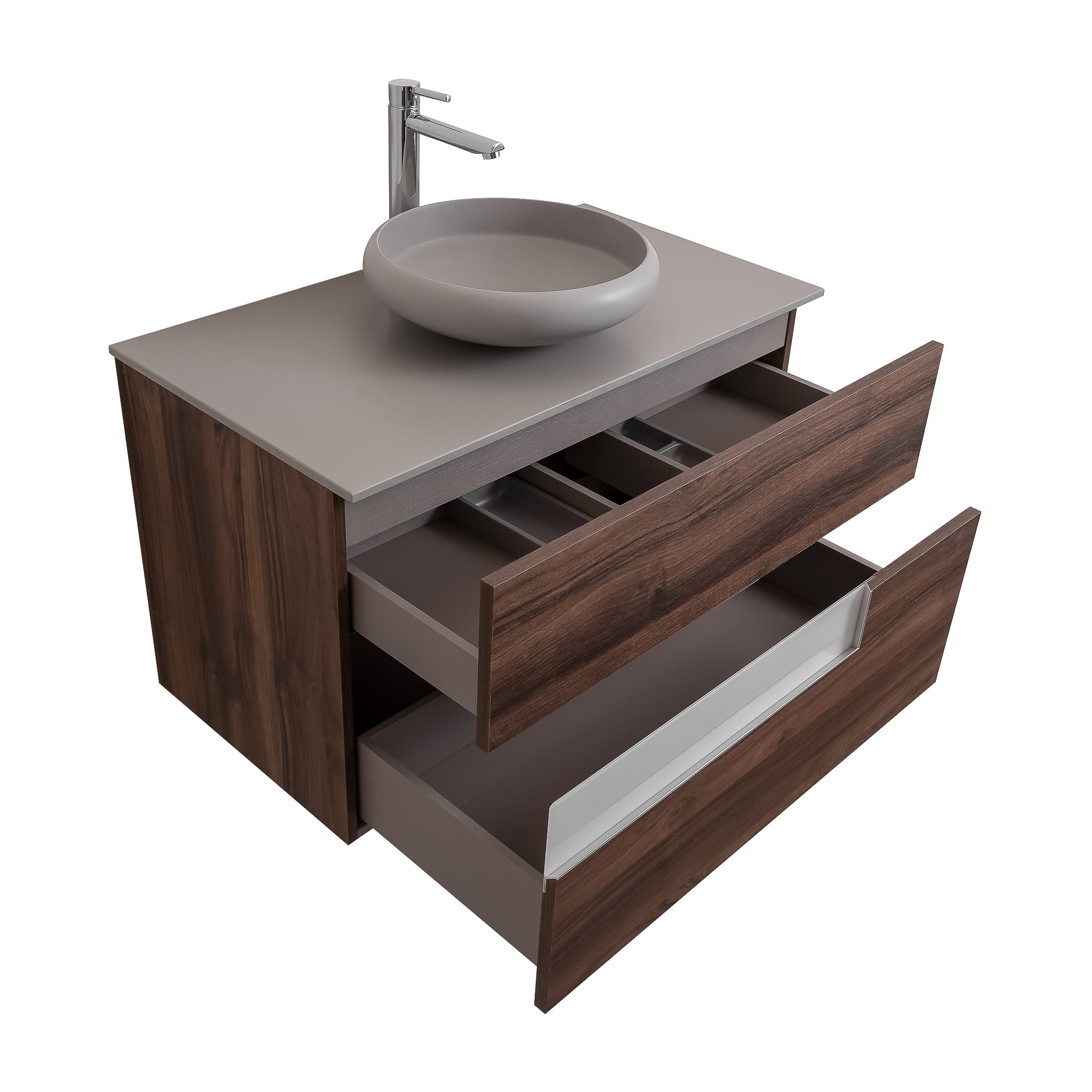 Vision 31.5 Valenti Medium Brown Wood Cabinet, Solid Surface Flat Grey Counter And Round Solid Surface Grey Basin 1153, Wall Mounted Modern Vanity Set