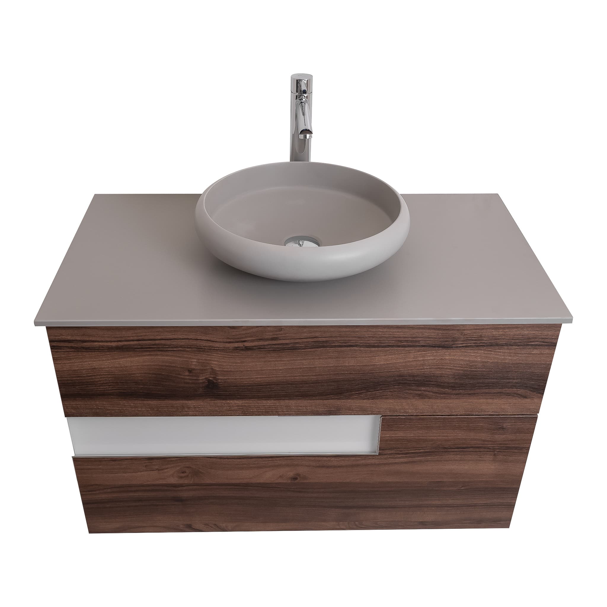 Vision 31.5 Valenti Medium Brown Wood Cabinet, Solid Surface Flat Grey Counter And Round Solid Surface Grey Basin 1153, Wall Mounted Modern Vanity Set