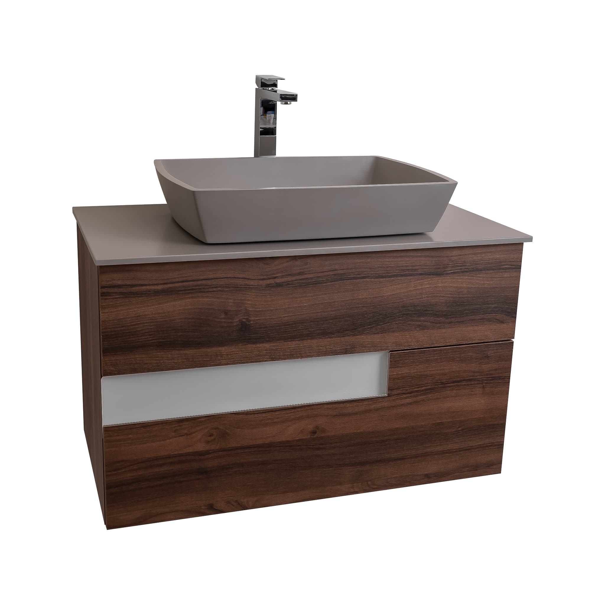 Vision 31.5 Valenti Medium Brown Wood Cabinet, Solid Surface Flat Grey Counter And Square Solid Surface Grey Basin 1316, Wall Mounted Modern Vanity Set