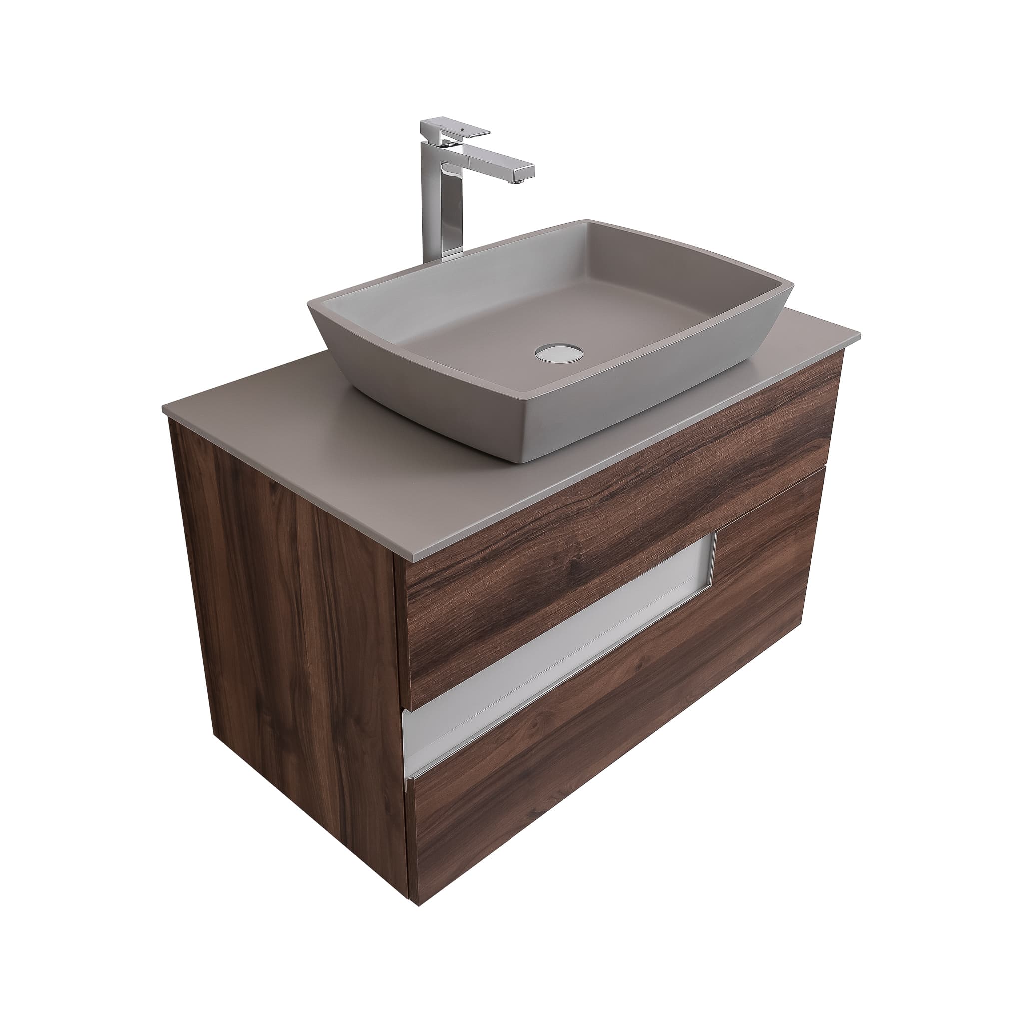Vision 31.5 Valenti Medium Brown Wood Cabinet, Solid Surface Flat Grey Counter And Square Solid Surface Grey Basin 1316, Wall Mounted Modern Vanity Set