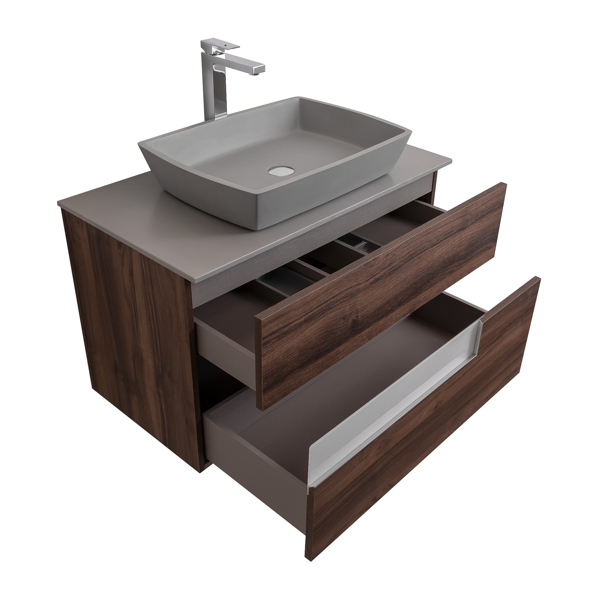 Vision 31.5 Valenti Medium Brown Wood Cabinet, Solid Surface Flat Grey Counter And Square Solid Surface Grey Basin 1316, Wall Mounted Modern Vanity Set