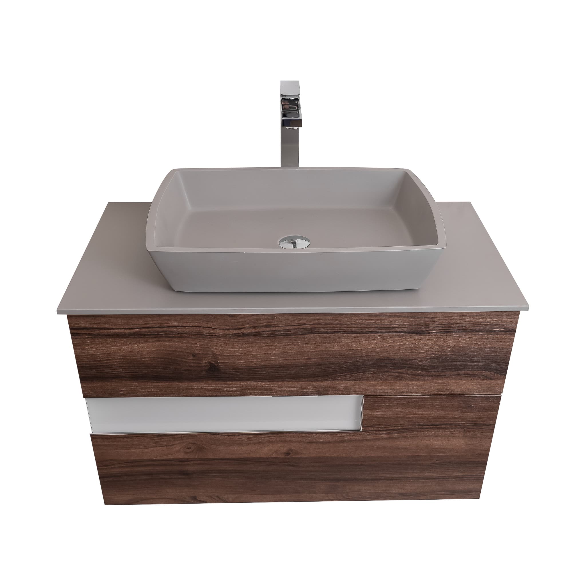 Vision 31.5 Valenti Medium Brown Wood Cabinet, Solid Surface Flat Grey Counter And Square Solid Surface Grey Basin 1316, Wall Mounted Modern Vanity Set