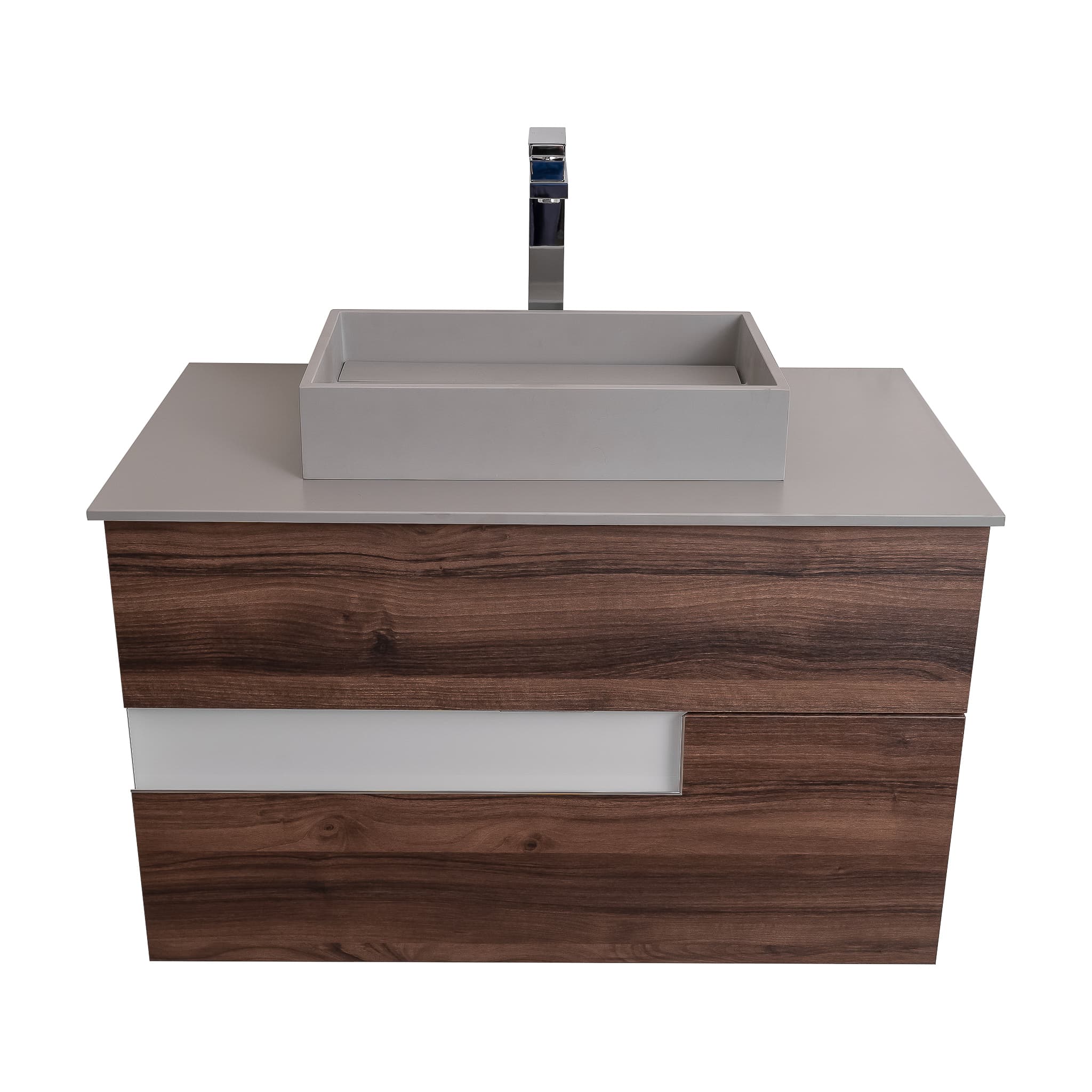Vision 31.5 Valenti Medium Brown Wood Cabinet, Solid Surface Flat Grey Counter And Infinity Square Solid Surface Grey Basin 1329, Wall Mounted Modern Vanity Set