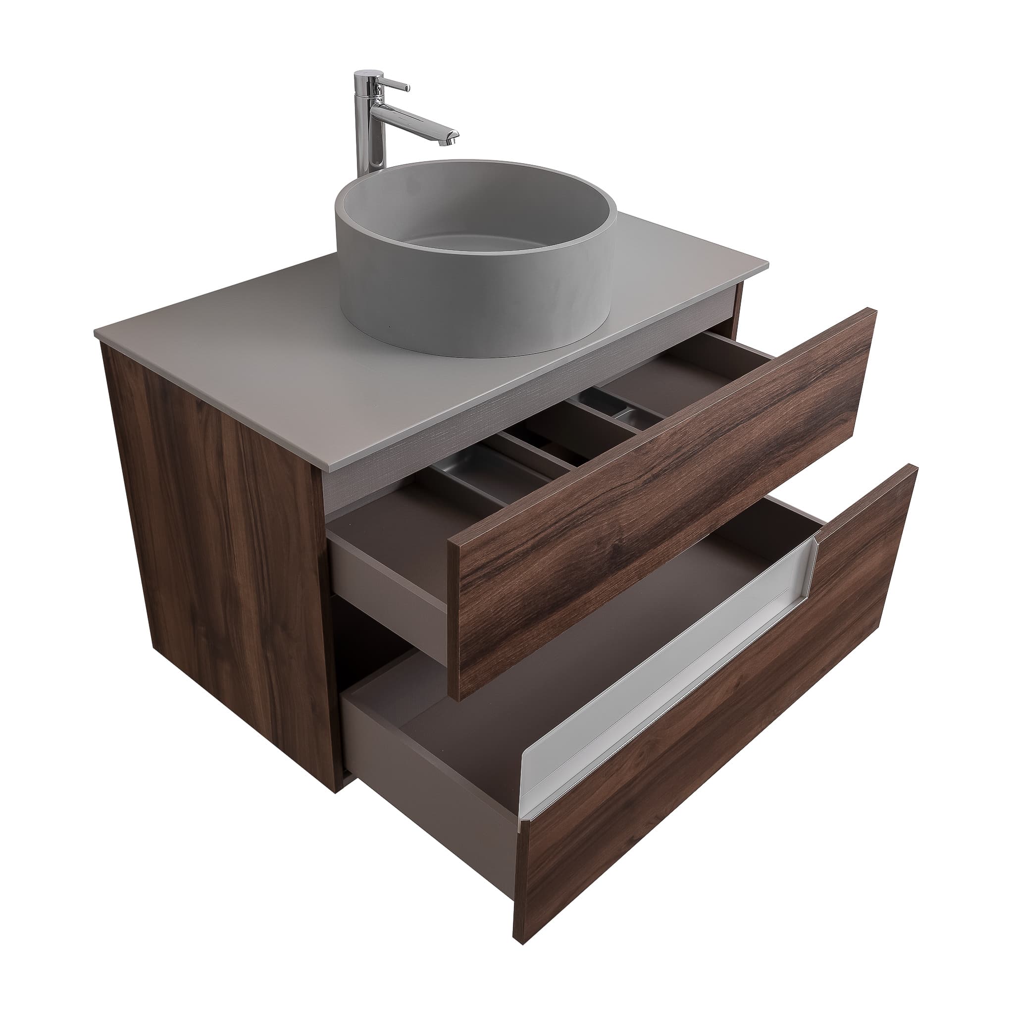 Vision 31.5 Valenti Medium Brown Wood Cabinet, Solid Surface Flat Grey Counter And Round Solid Surface Grey Basin 1386, Wall Mounted Modern Vanity Set