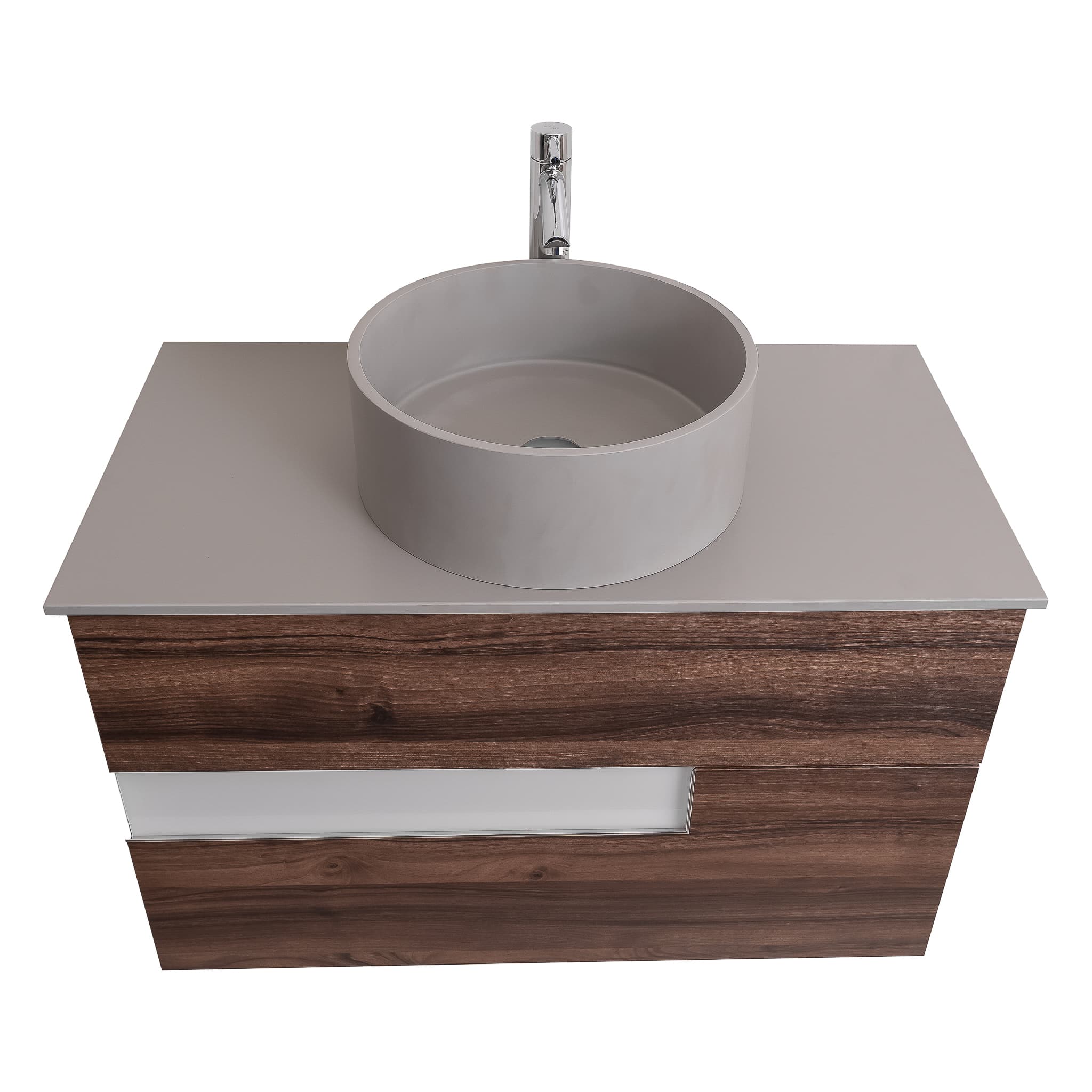 Vision 31.5 Valenti Medium Brown Wood Cabinet, Solid Surface Flat Grey Counter And Round Solid Surface Grey Basin 1386, Wall Mounted Modern Vanity Set