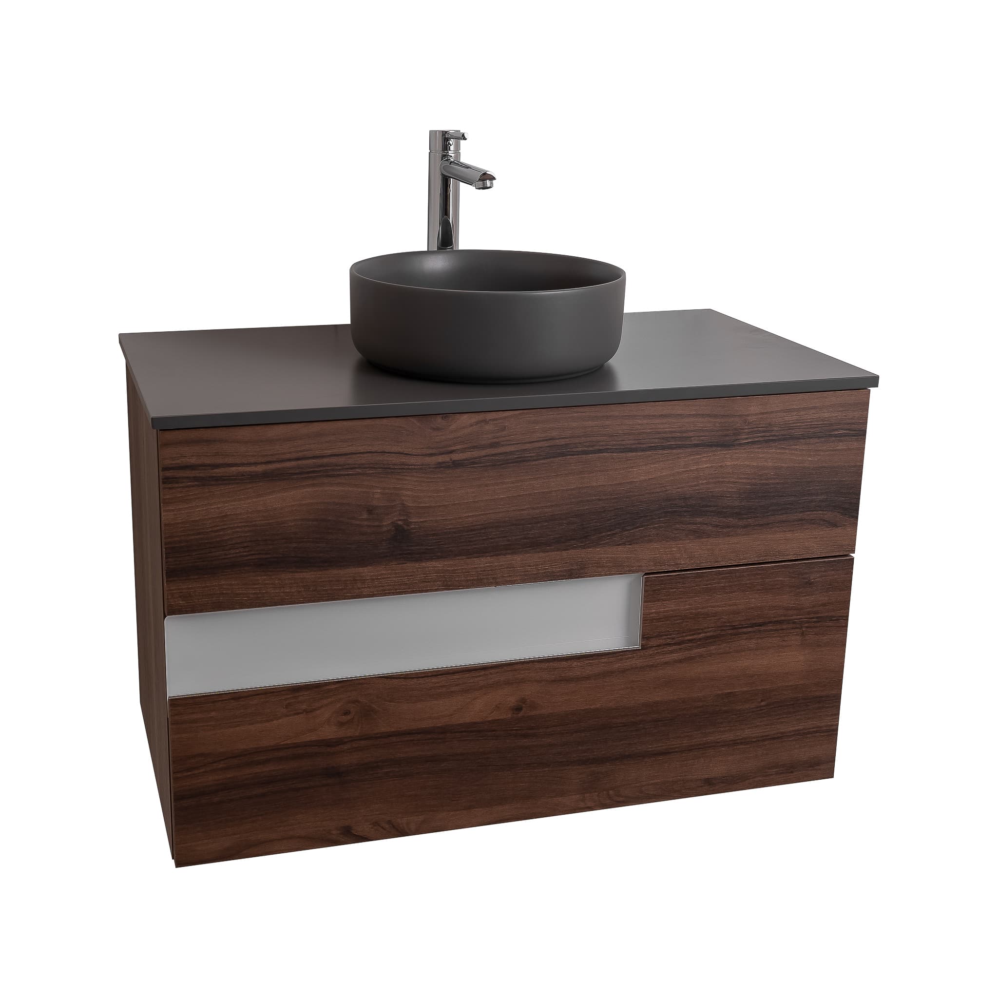 Vision 31.5 Valenti Medium Brown Wood Cabinet, Ares Grey Ceniza Top And Ares Grey Ceniza Ceramic Basin, Wall Mounted Modern Vanity Set