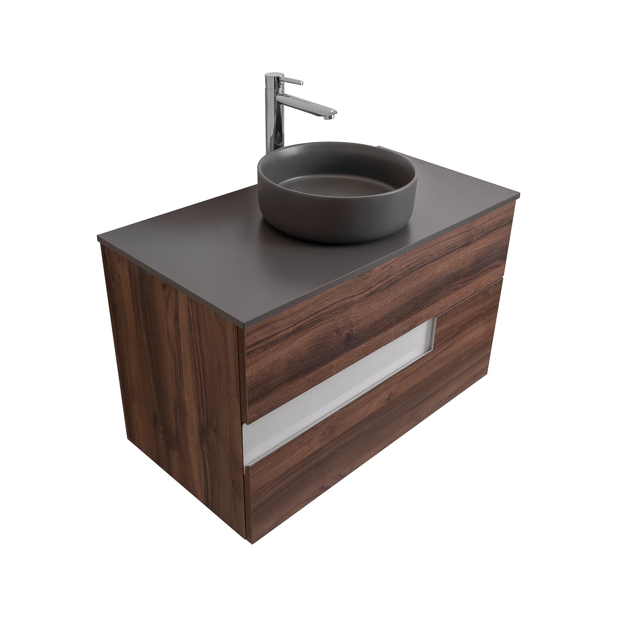 Vision 31.5 Valenti Medium Brown Wood Cabinet, Ares Grey Ceniza Top And Ares Grey Ceniza Ceramic Basin, Wall Mounted Modern Vanity Set