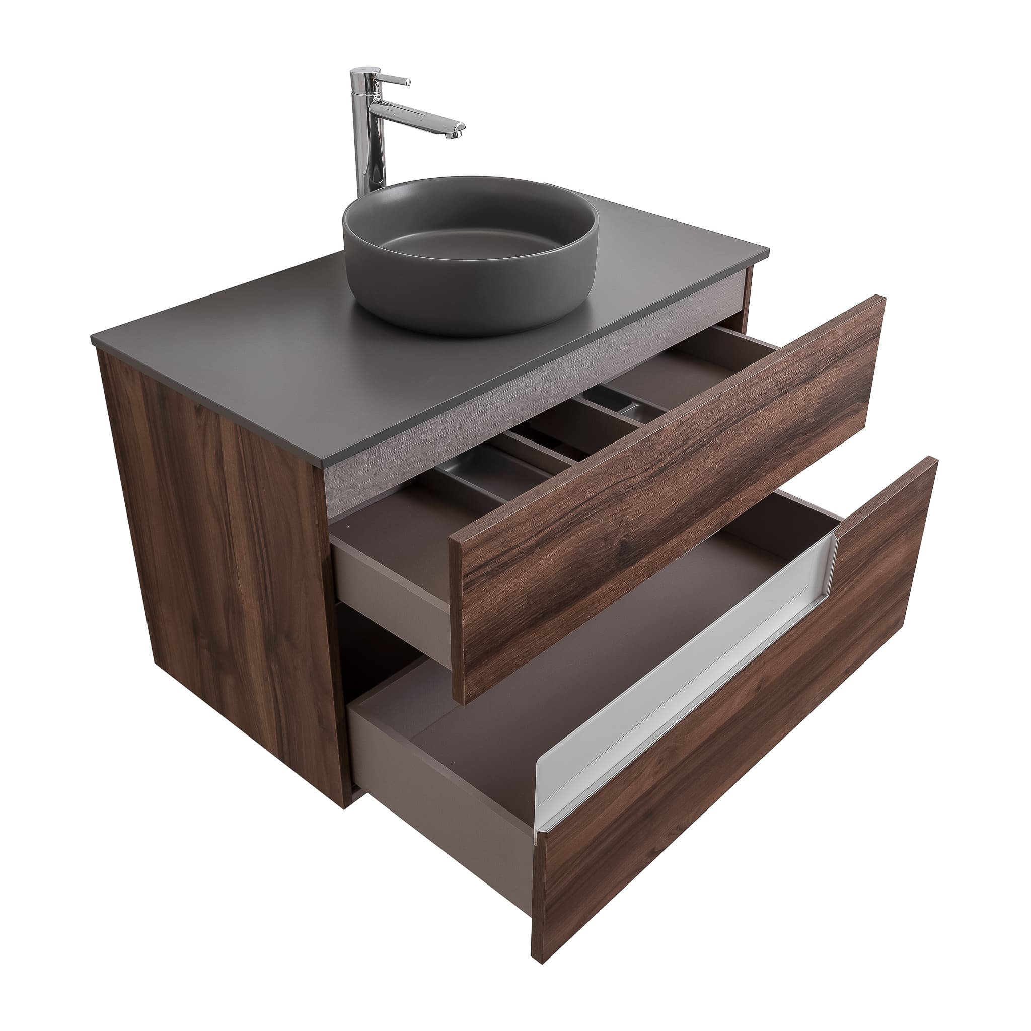 Vision 31.5 Valenti Medium Brown Wood Cabinet, Ares Grey Ceniza Top And Ares Grey Ceniza Ceramic Basin, Wall Mounted Modern Vanity Set