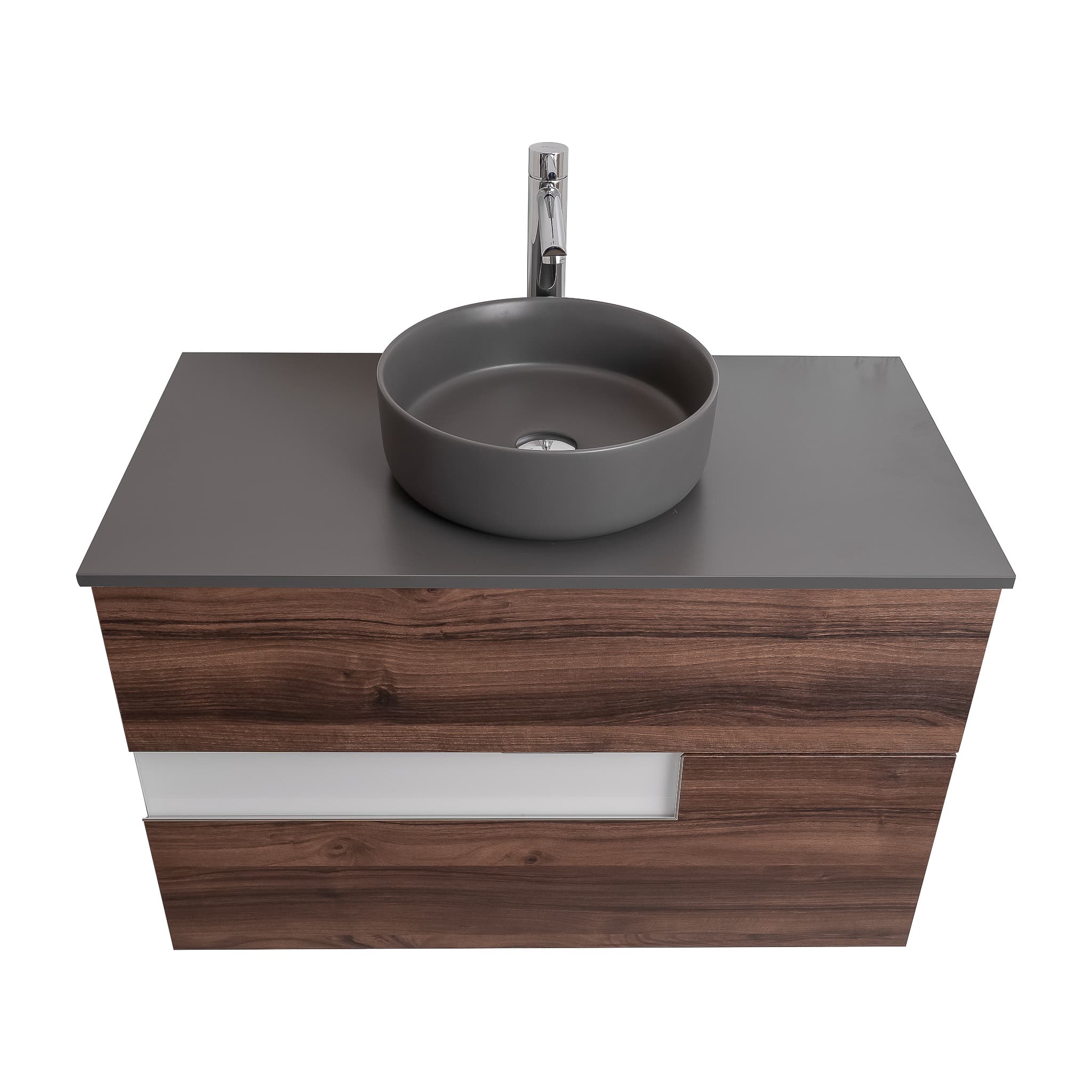 Vision 31.5 Valenti Medium Brown Wood Cabinet, Ares Grey Ceniza Top And Ares Grey Ceniza Ceramic Basin, Wall Mounted Modern Vanity Set