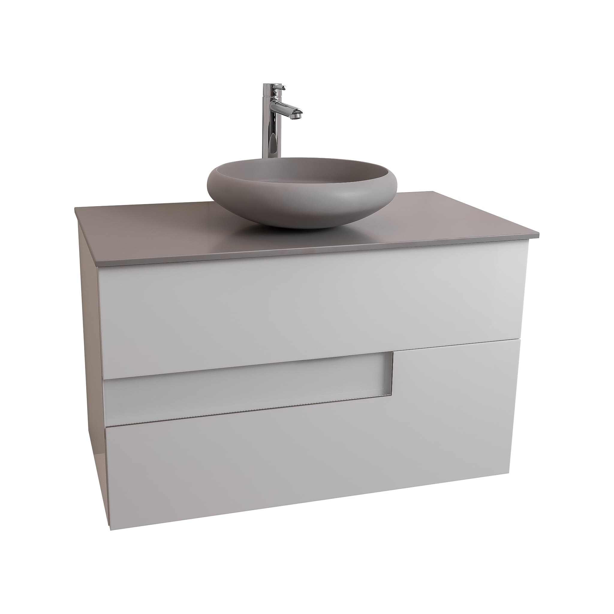 Vision 31.5 White High Gloss Cabinet, Solid Surface Flat Grey Counter And Round Solid Surface Grey Basin 1153, Wall Mounted Modern Vanity Set