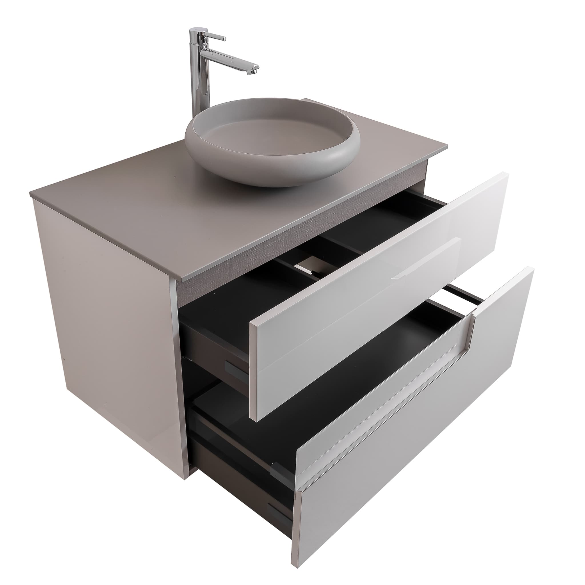 Vision 31.5 White High Gloss Cabinet, Solid Surface Flat Grey Counter And Round Solid Surface Grey Basin 1153, Wall Mounted Modern Vanity Set