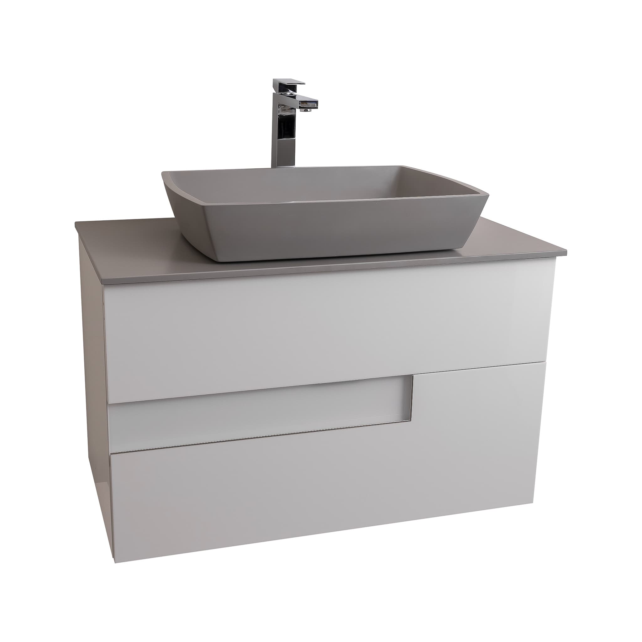 Vision 31.5 White High Gloss Cabinet, Solid Surface Flat Grey Counter And Square Solid Surface Grey Basin 1316, Wall Mounted Modern Vanity Set