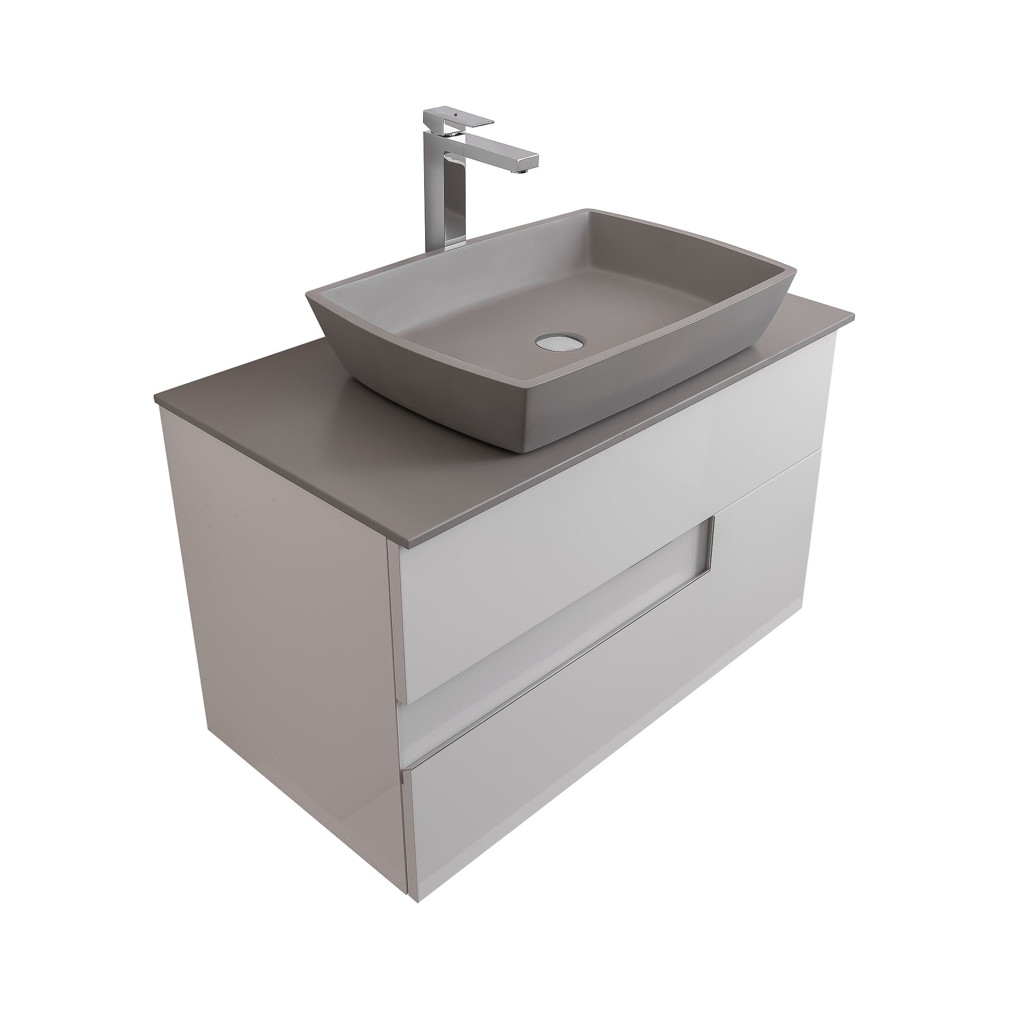 Vision 31.5 White High Gloss Cabinet, Solid Surface Flat Grey Counter And Square Solid Surface Grey Basin 1316, Wall Mounted Modern Vanity Set