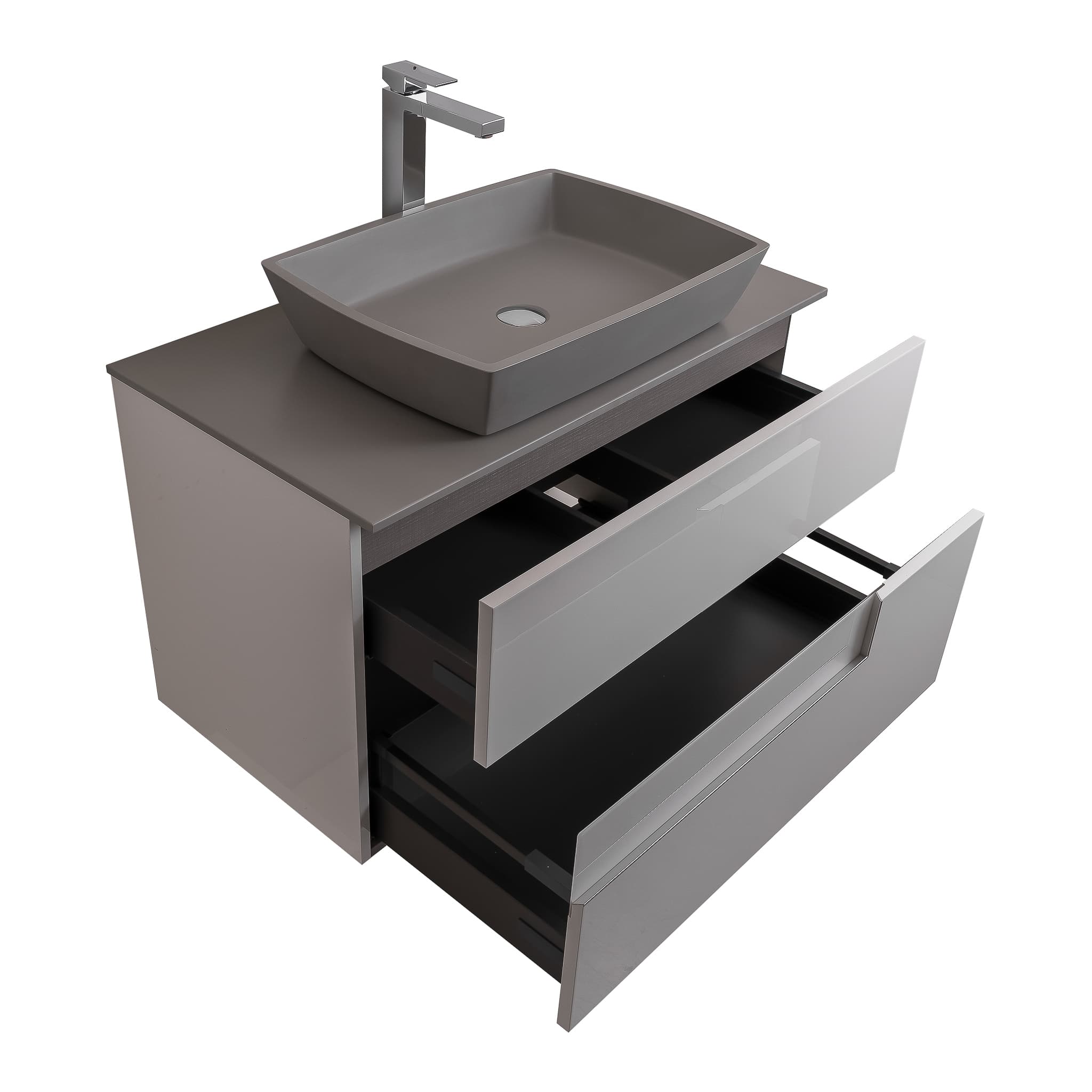 Vision 31.5 White High Gloss Cabinet, Solid Surface Flat Grey Counter And Square Solid Surface Grey Basin 1316, Wall Mounted Modern Vanity Set