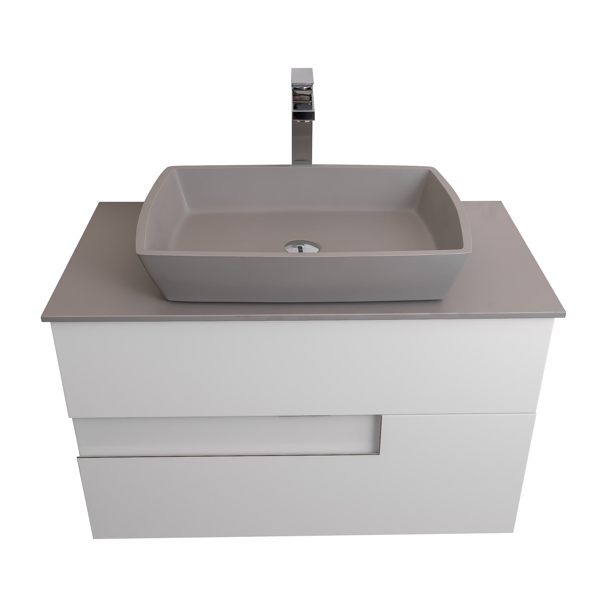 Vision 31.5 White High Gloss Cabinet, Solid Surface Flat Grey Counter And Square Solid Surface Grey Basin 1316, Wall Mounted Modern Vanity Set