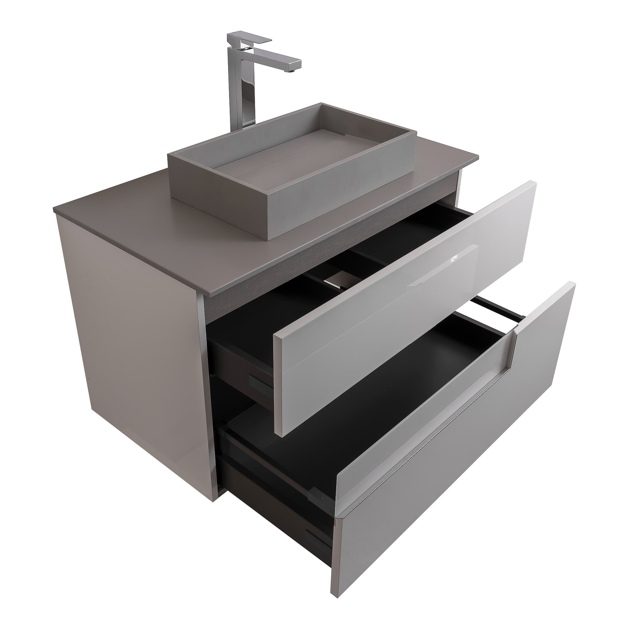 Vision 31.5 White High Gloss Cabinet, Solid Surface Flat Grey Counter And Infinity Square Solid Surface Grey Basin 1329, Wall Mounted Modern Vanity Set