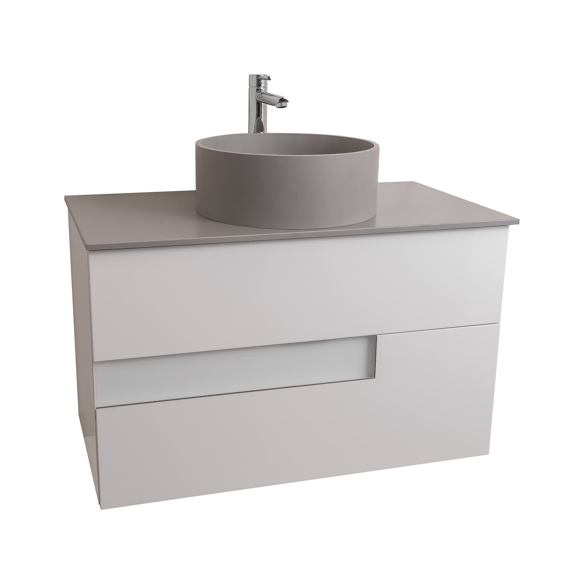 Vision 31.5 White High Gloss Cabinet, Solid Surface Flat Grey Counter And Round Solid Surface Grey Basin 1386, Wall Mounted Modern Vanity Set