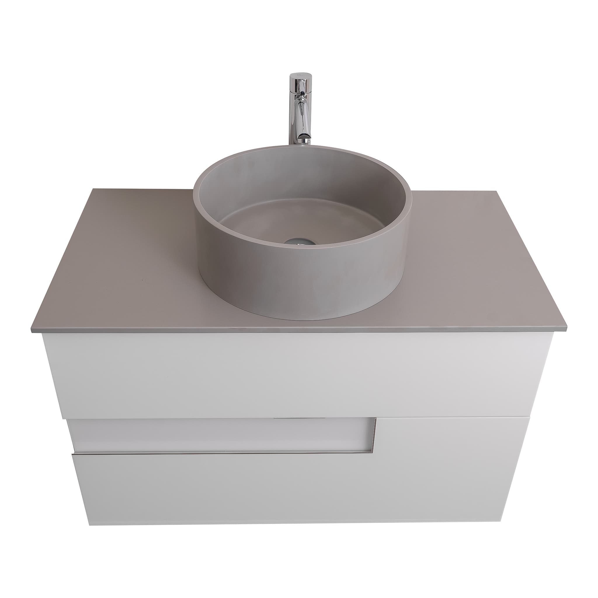 Vision 31.5 White High Gloss Cabinet, Solid Surface Flat Grey Counter And Round Solid Surface Grey Basin 1386, Wall Mounted Modern Vanity Set