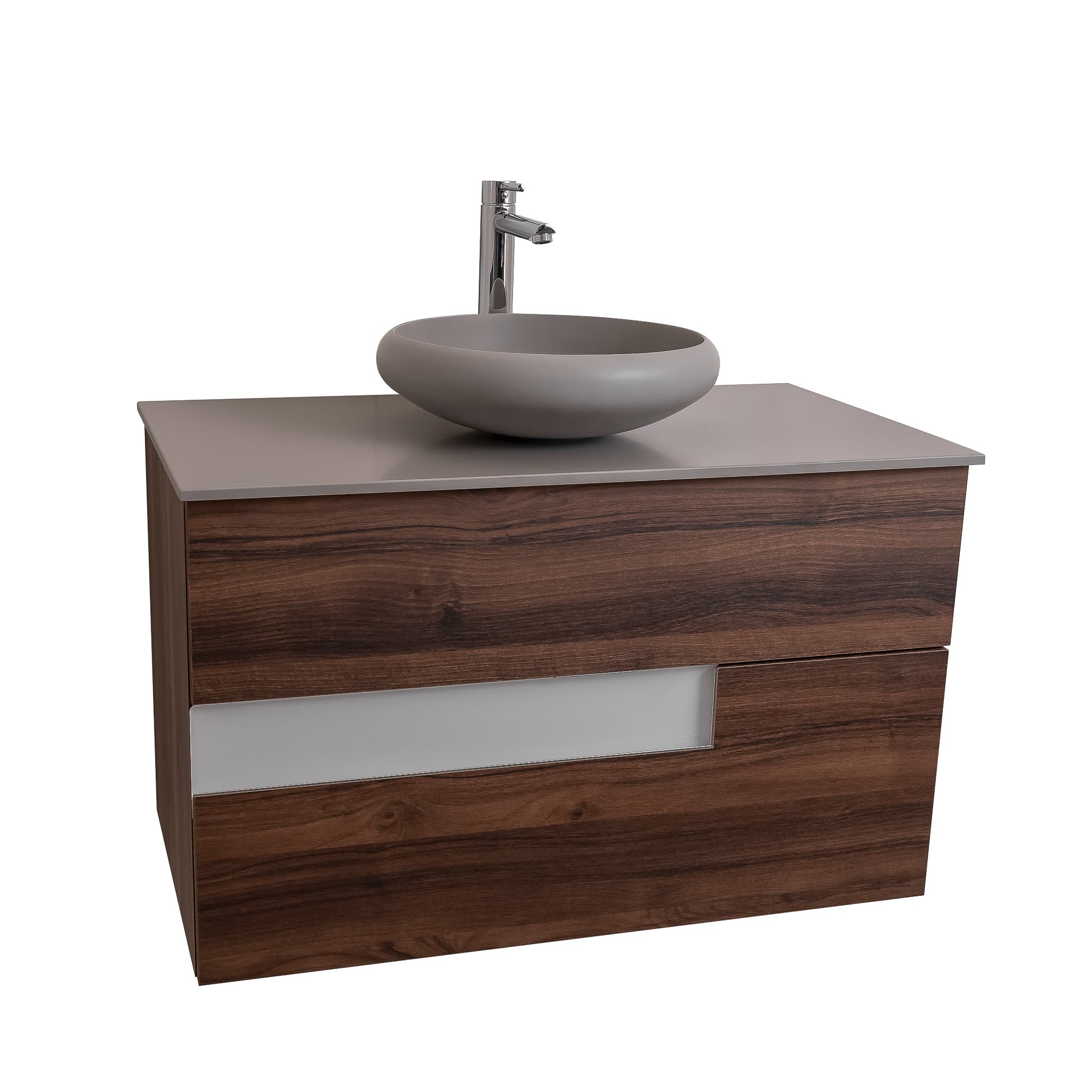 Vision 35.5 Valenti Medium Brown Wood Cabinet, Solid Surface Flat Grey Counter And Round Solid Surface Grey Basin 1153, Wall Mounted Modern Vanity Set