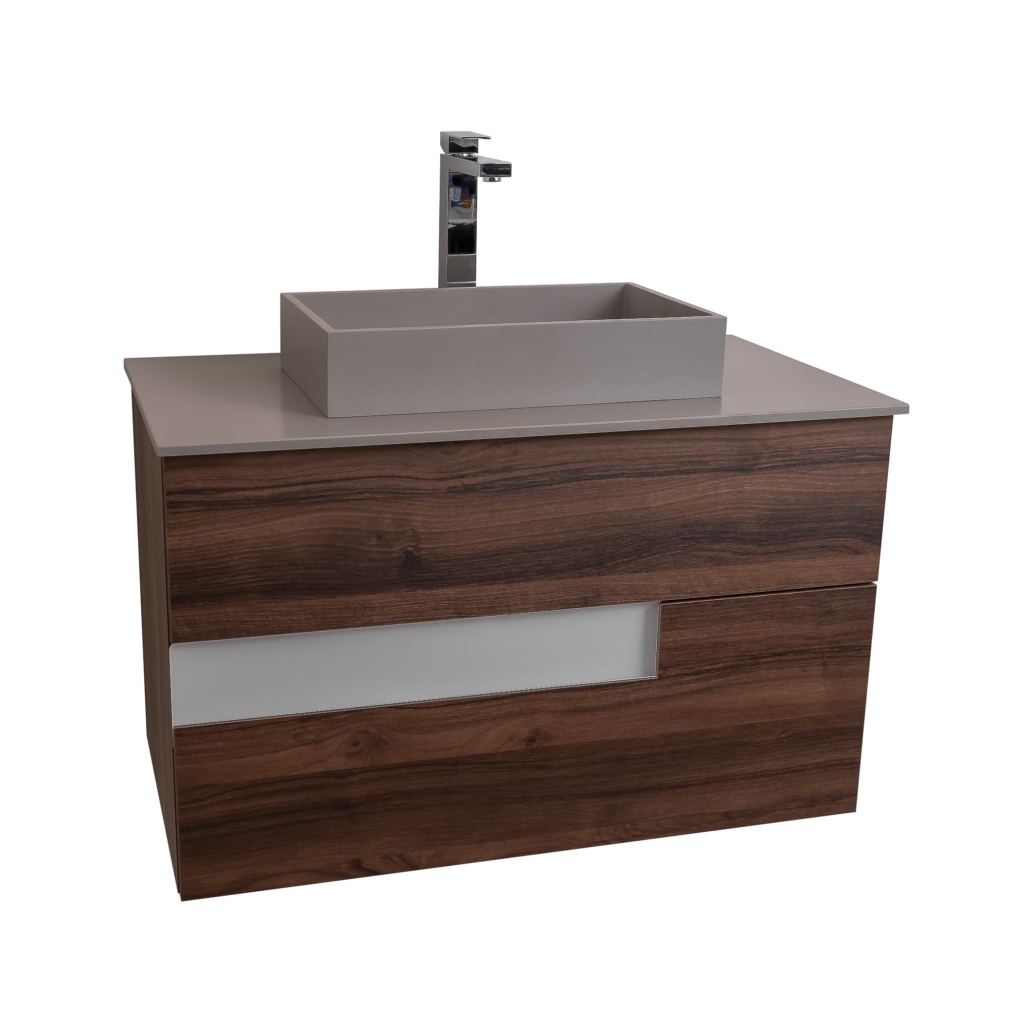 Vision 35.5 Valenti Medium Brown Wood Cabinet, Solid Surface Flat Grey Counter And Infinity Square Solid Surface Grey Basin 1329, Wall Mounted Modern Vanity Set