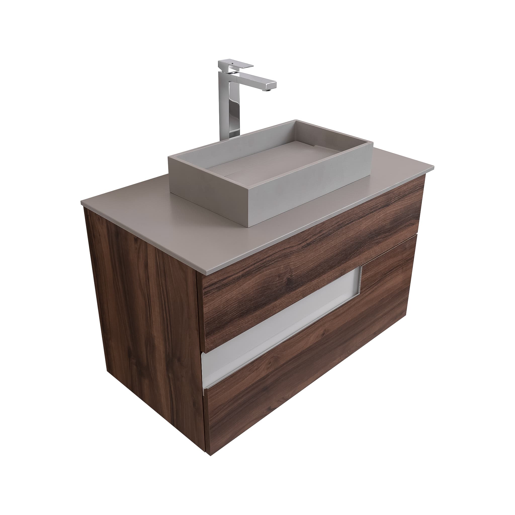 Vision 35.5 Valenti Medium Brown Wood Cabinet, Solid Surface Flat Grey Counter And Infinity Square Solid Surface Grey Basin 1329, Wall Mounted Modern Vanity Set